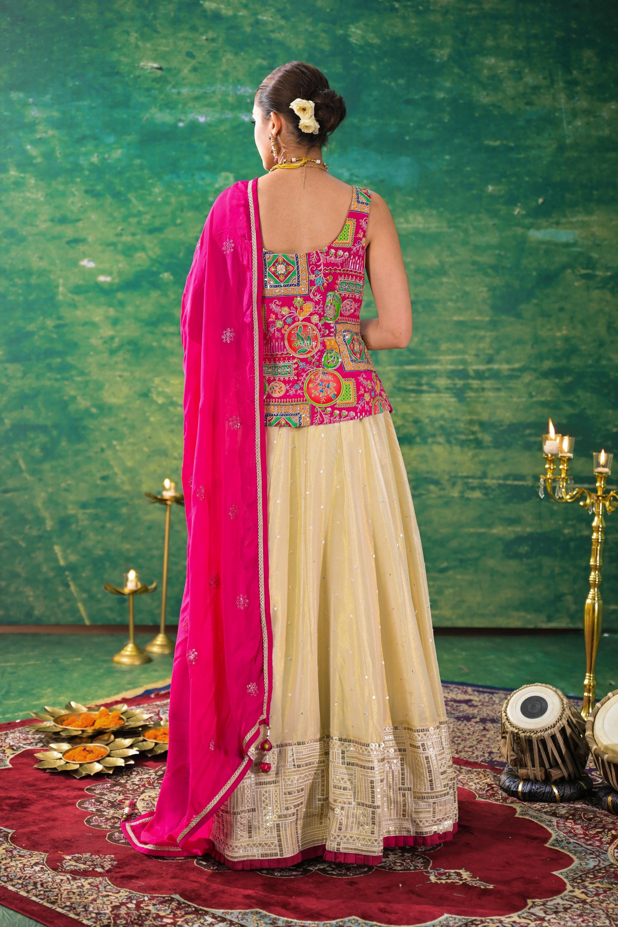 Pale Champagne Embroidered Raw Silk Lehenga Set