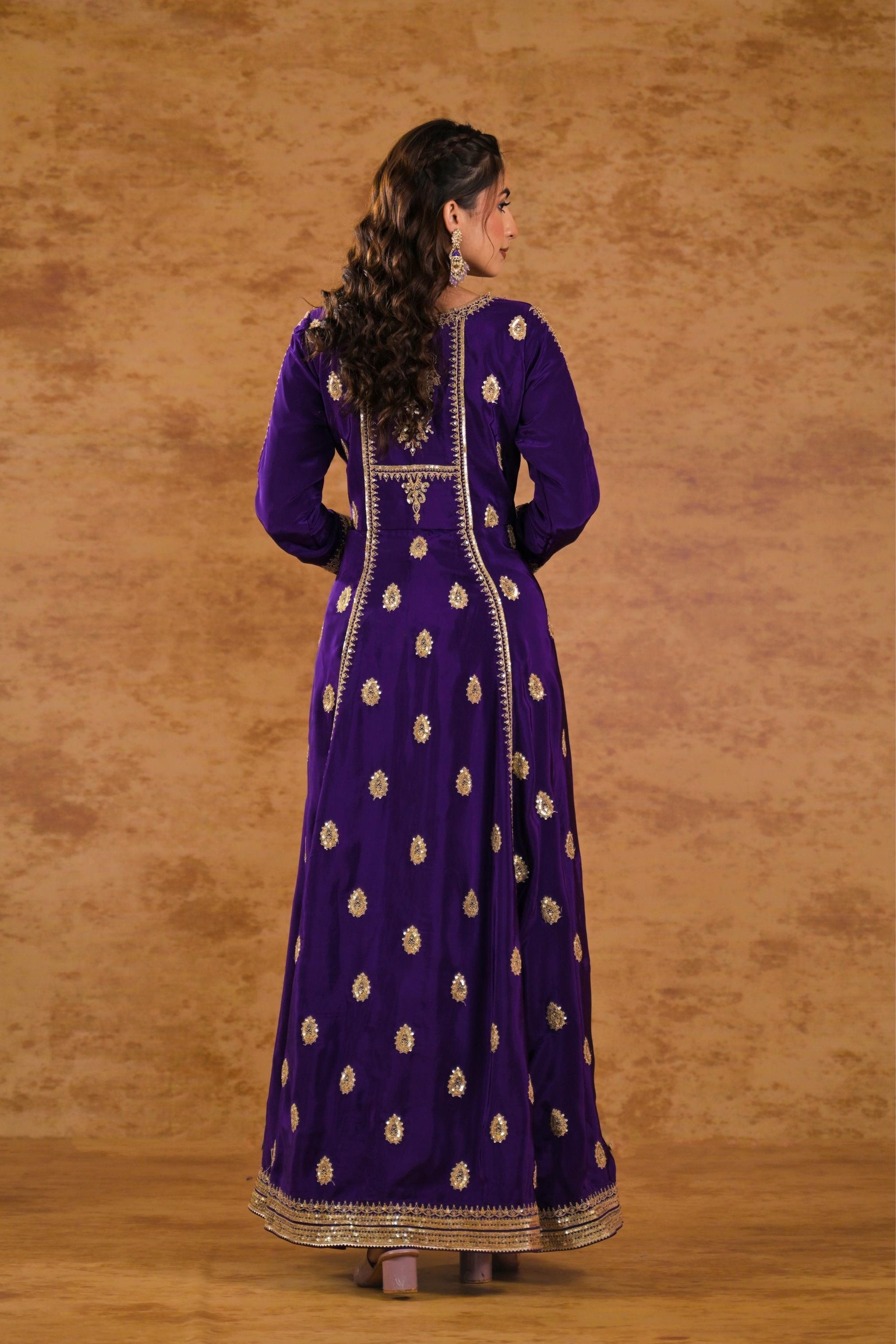 Purple Embellished Pure Silk Anarkali Set