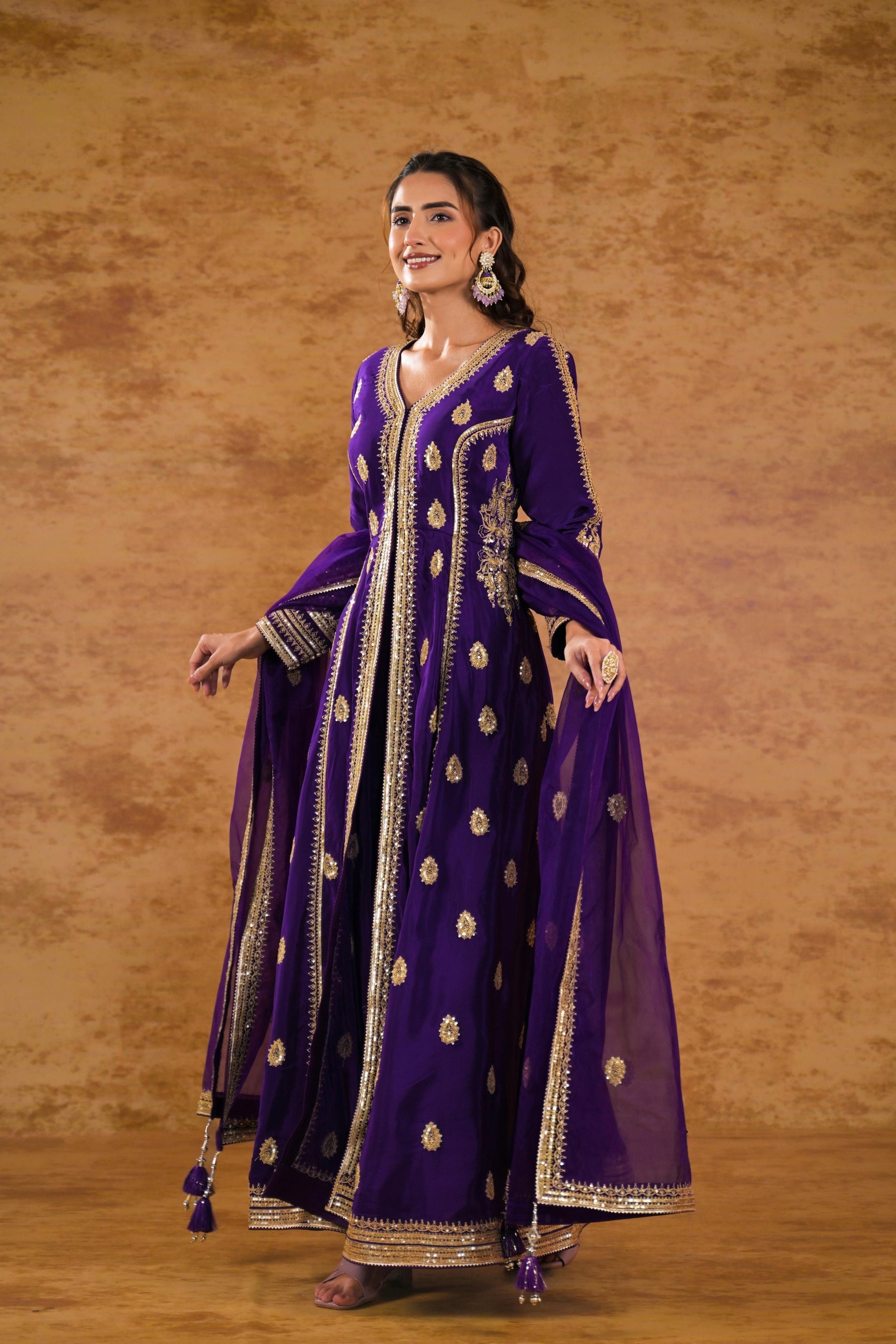 Purple Embellished Pure Silk Anarkali Set