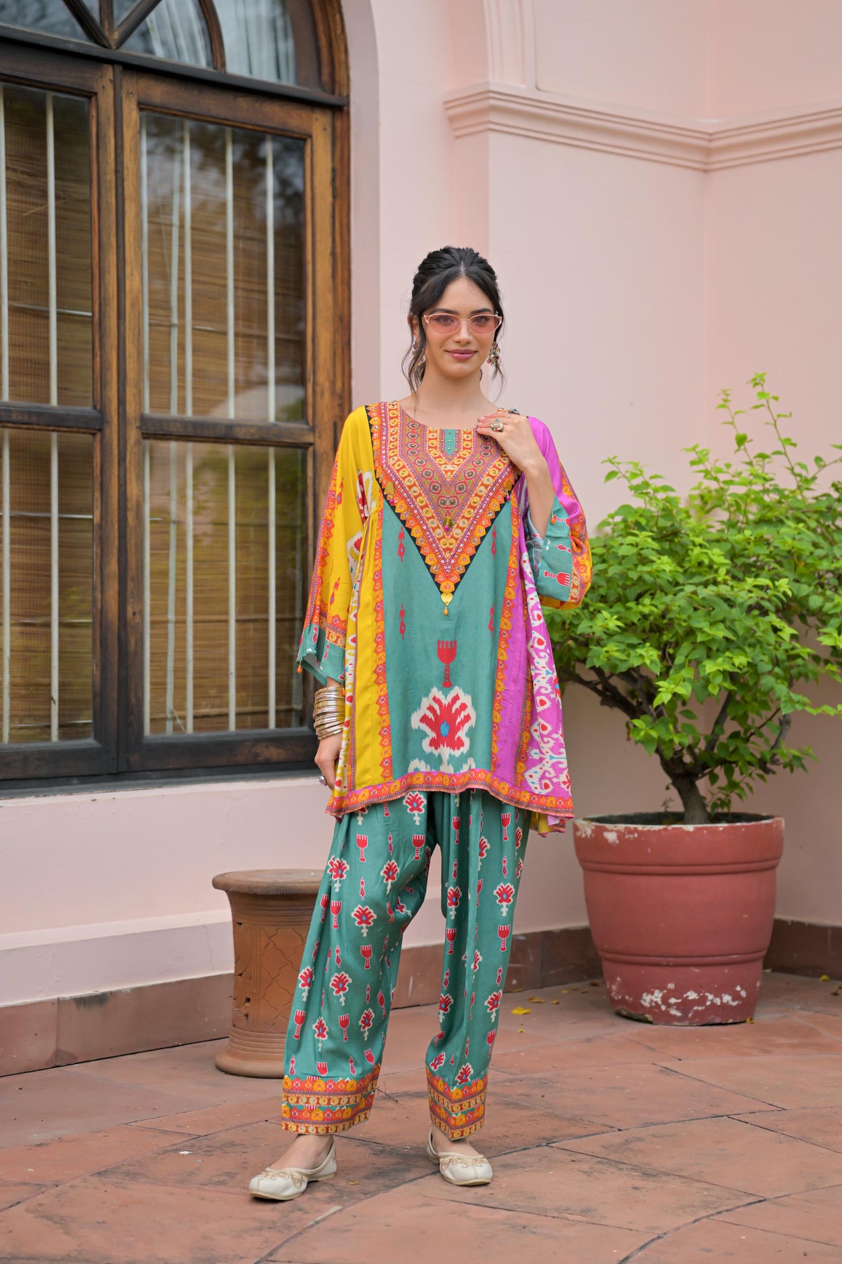 Turquoise Green Embellished Crepe Silk Salwar Set