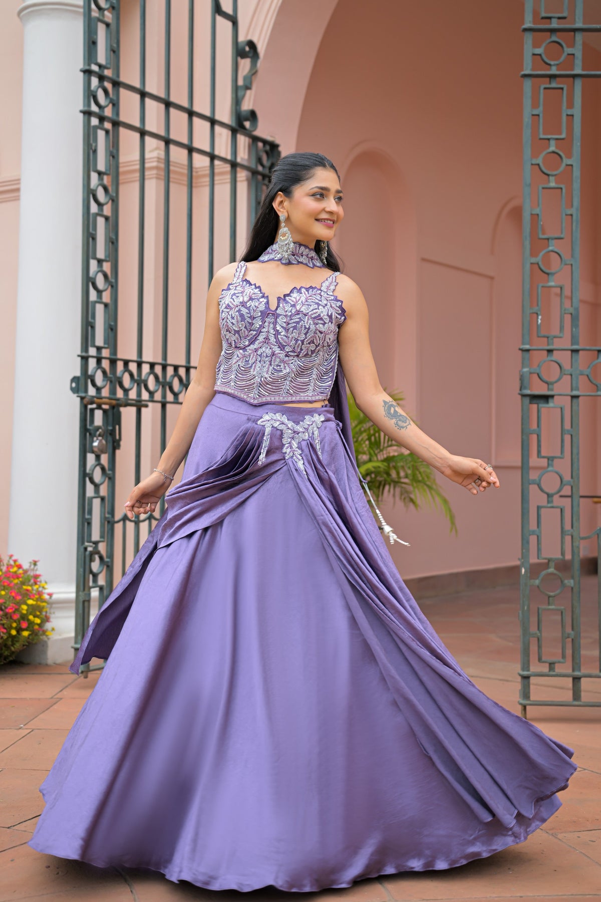 Dusty Purple Embellished Shimmer Silk Skirt Set