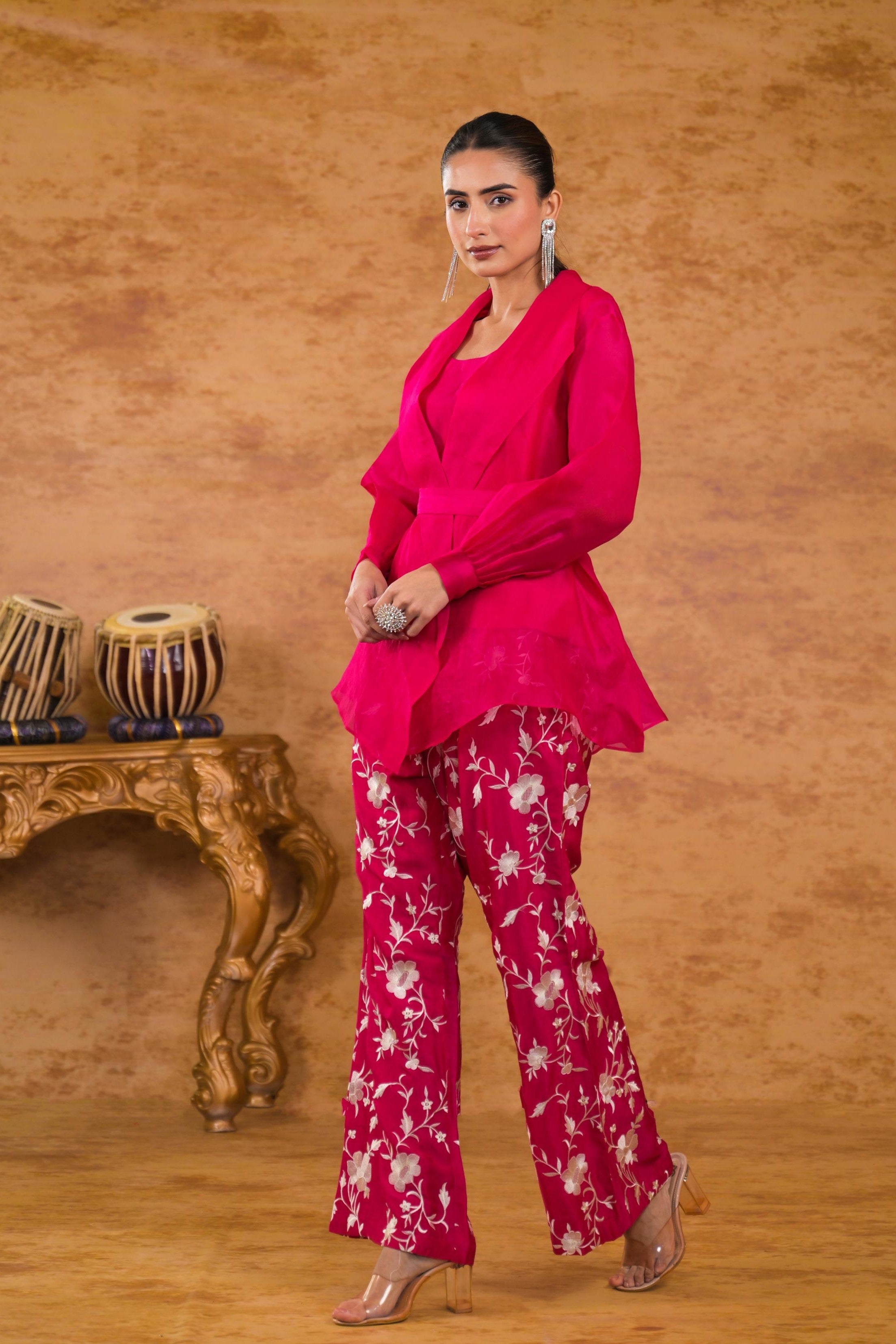 Bright Pink Embroidered Tissue Silk Co-Ord Set