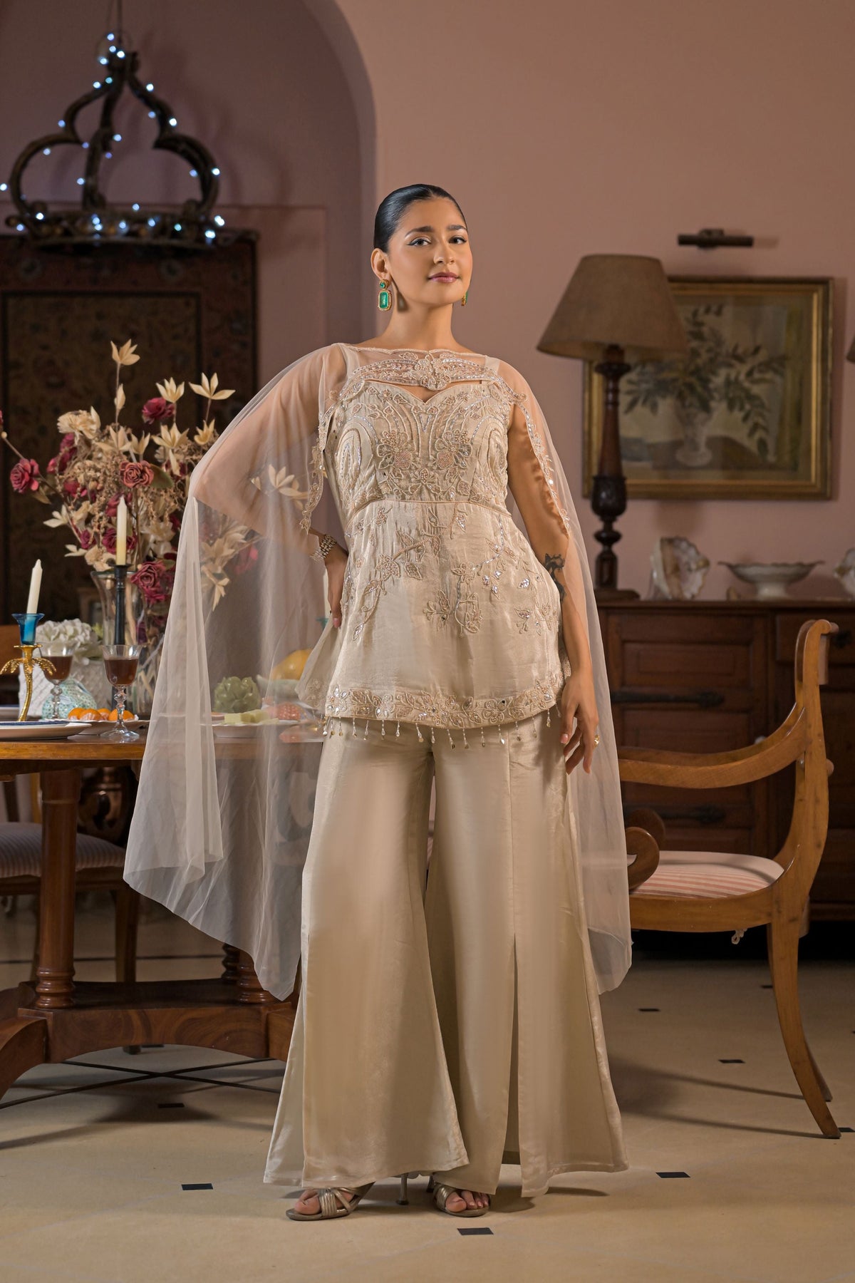 Cream Embellished Tissue Silk Palazzo Set