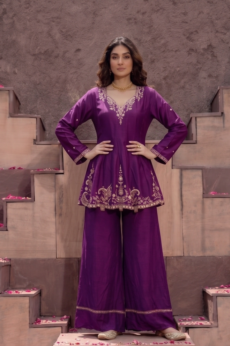 Wine Purple Embellished Crepe Silk Palazzo Set