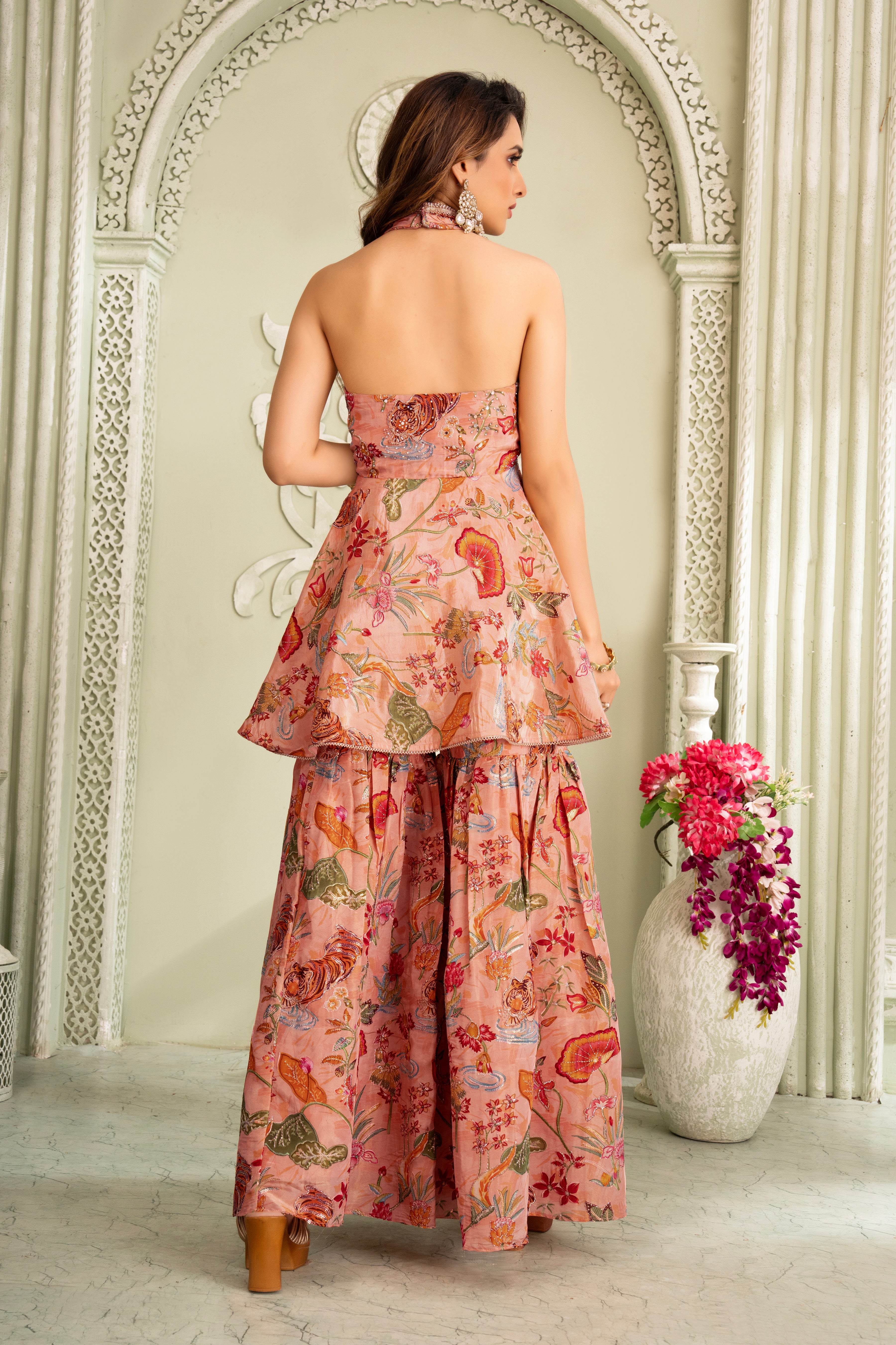 Floral Peach Halter Neck Sharara Set