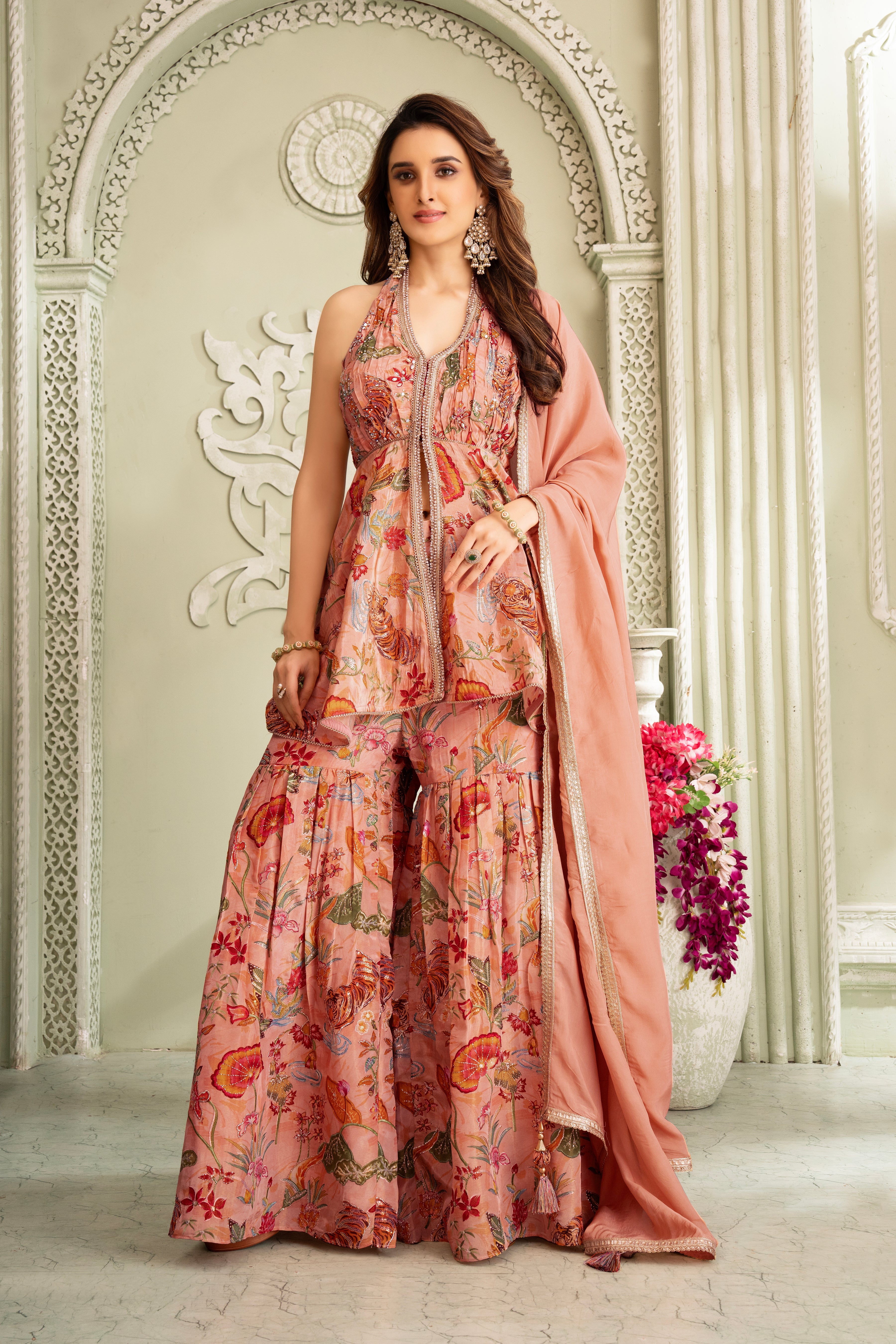 Floral Peach Halter Neck Sharara Set