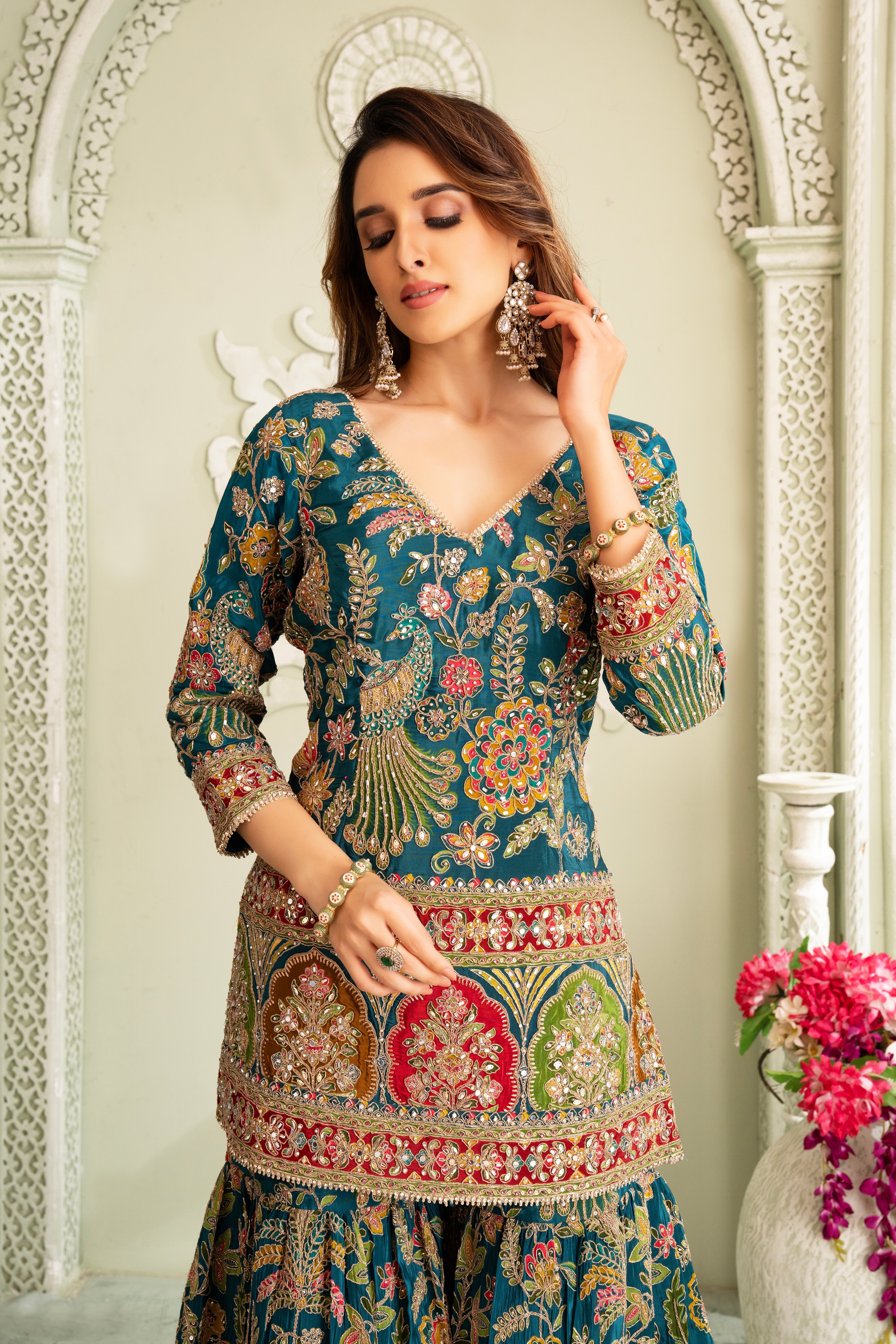 Teal Traditional Handwork Sharara Set