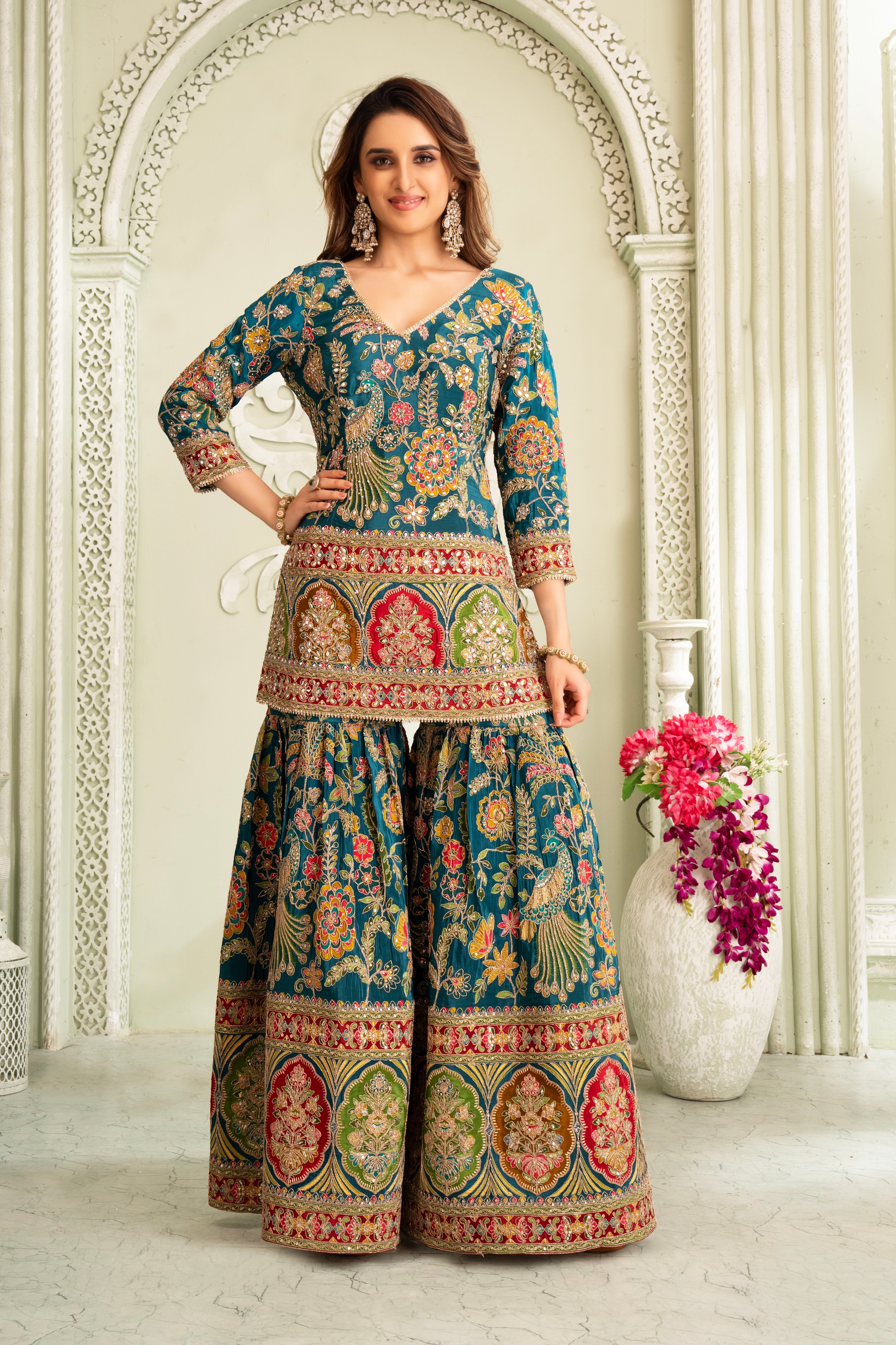 Teal Traditional Handwork Sharara Set