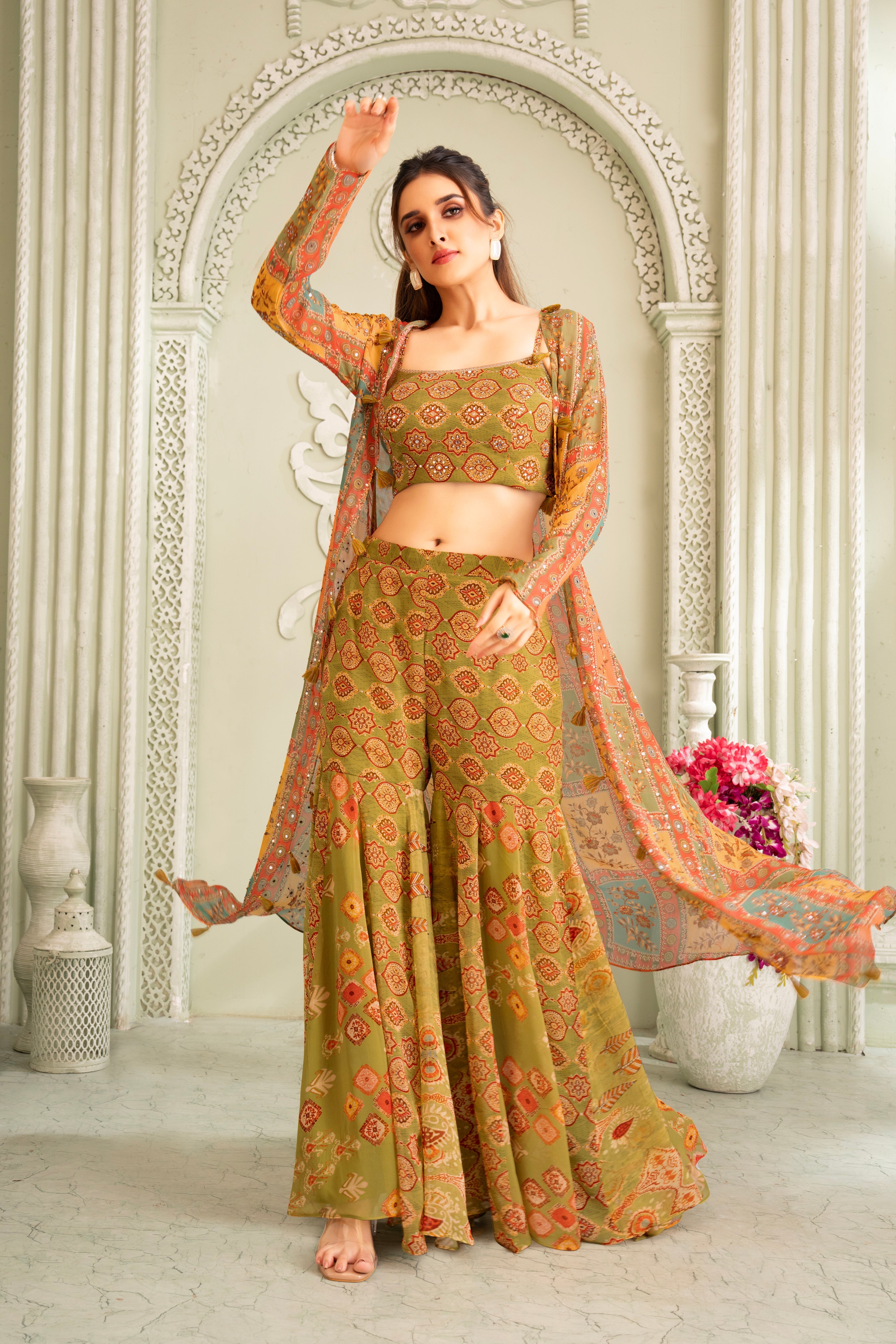 Green Ethnic Printed Sharara Set