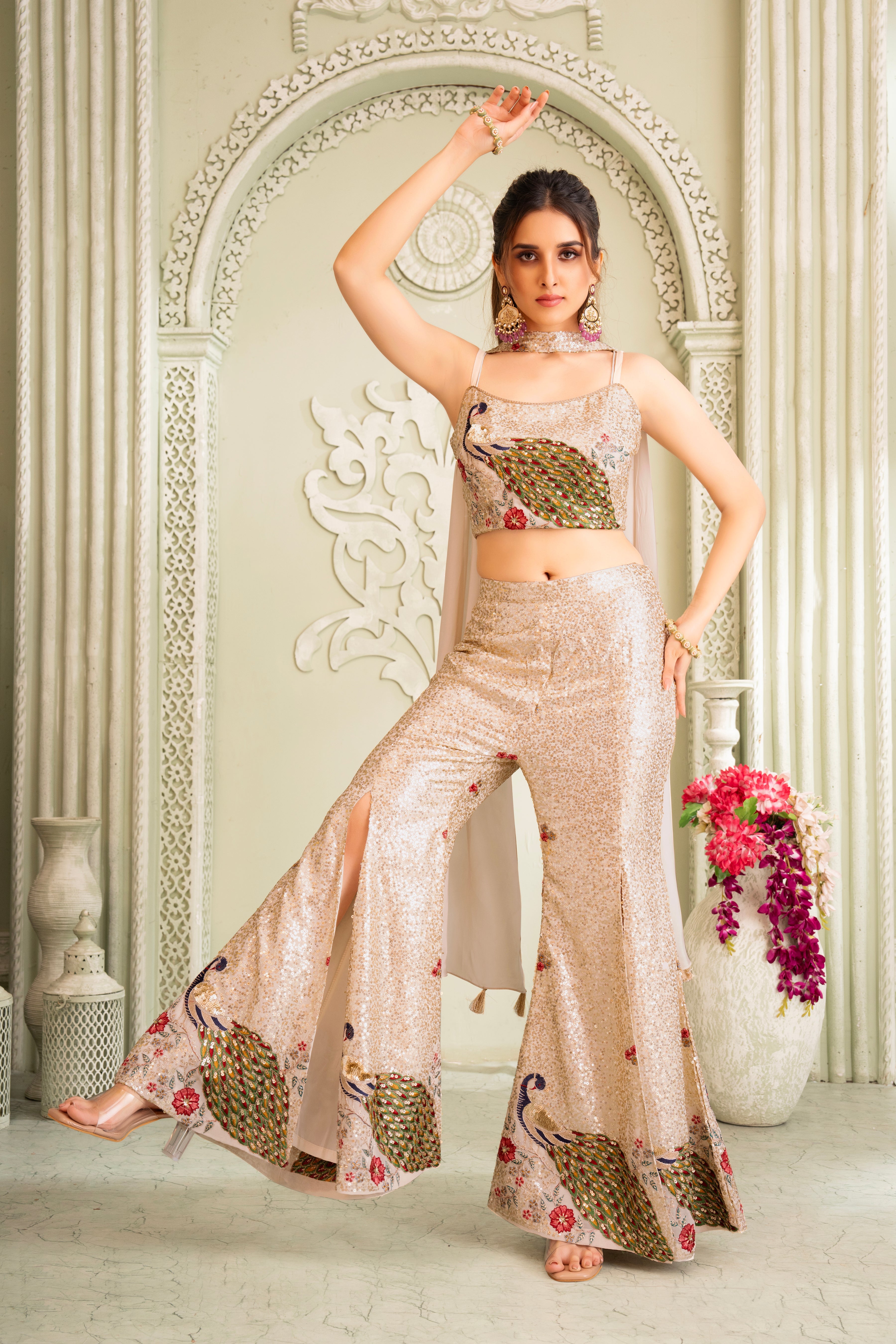 Shimmer Ivory Crop Top & Palazzo Set