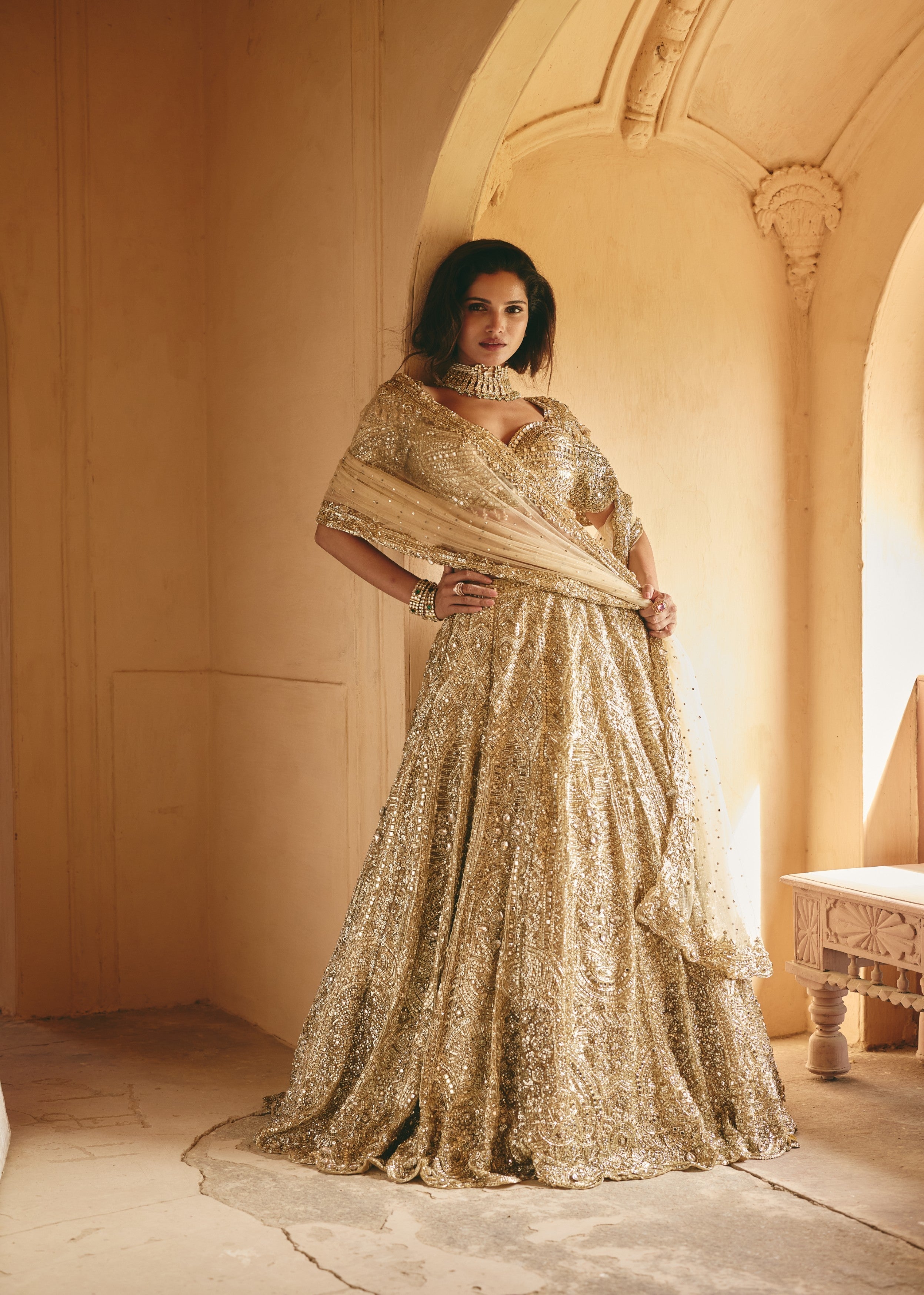 Antique Gold Embellished Premium Net Lehenga Set