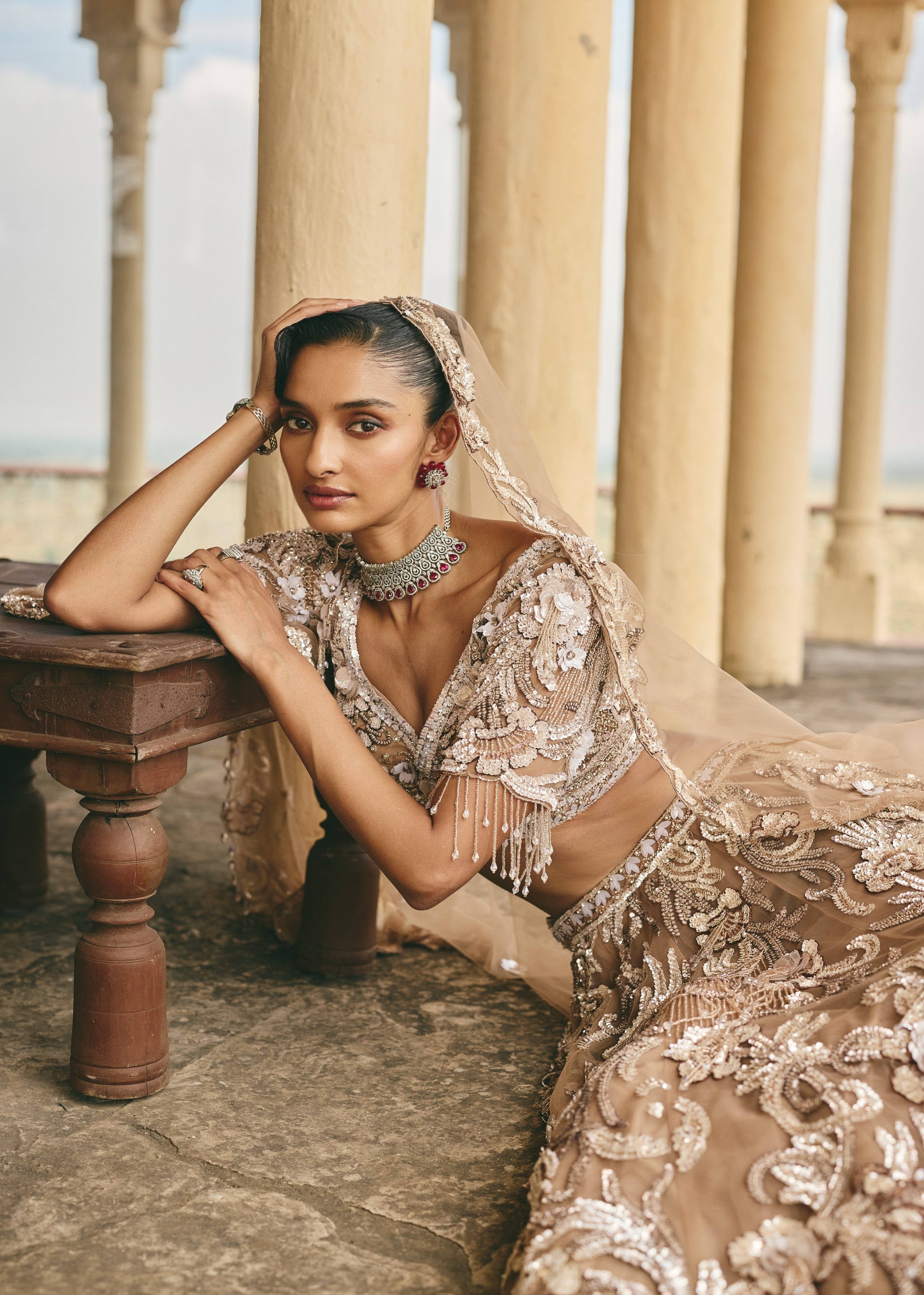 Beige-Gold Camellia 3D Floral Embroidered Lehenga Set
