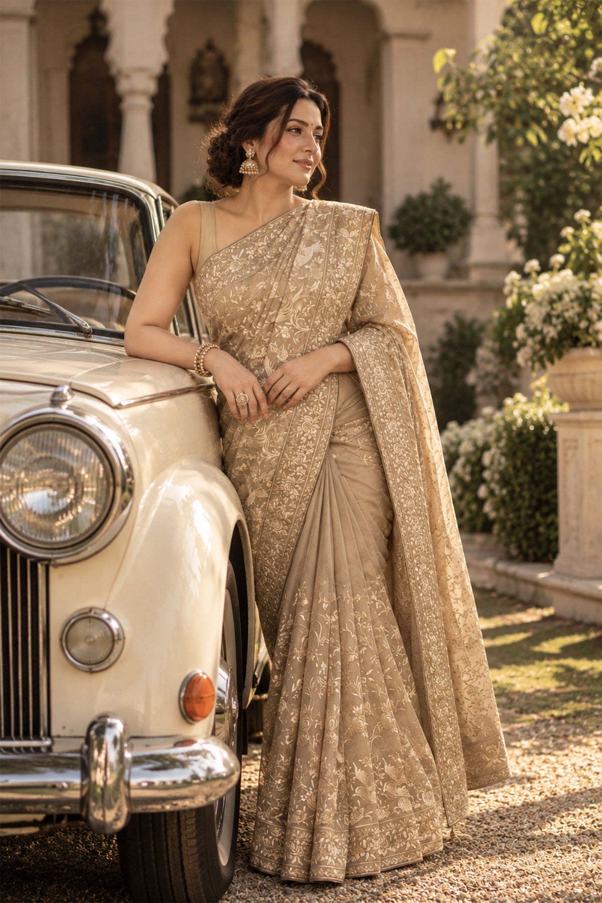Metallic Beige Embroidered Tissue Silk Saree