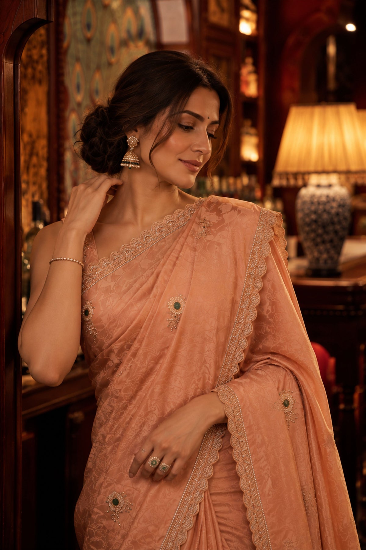 Pastel Peach Embellished Brocade Silk Saree