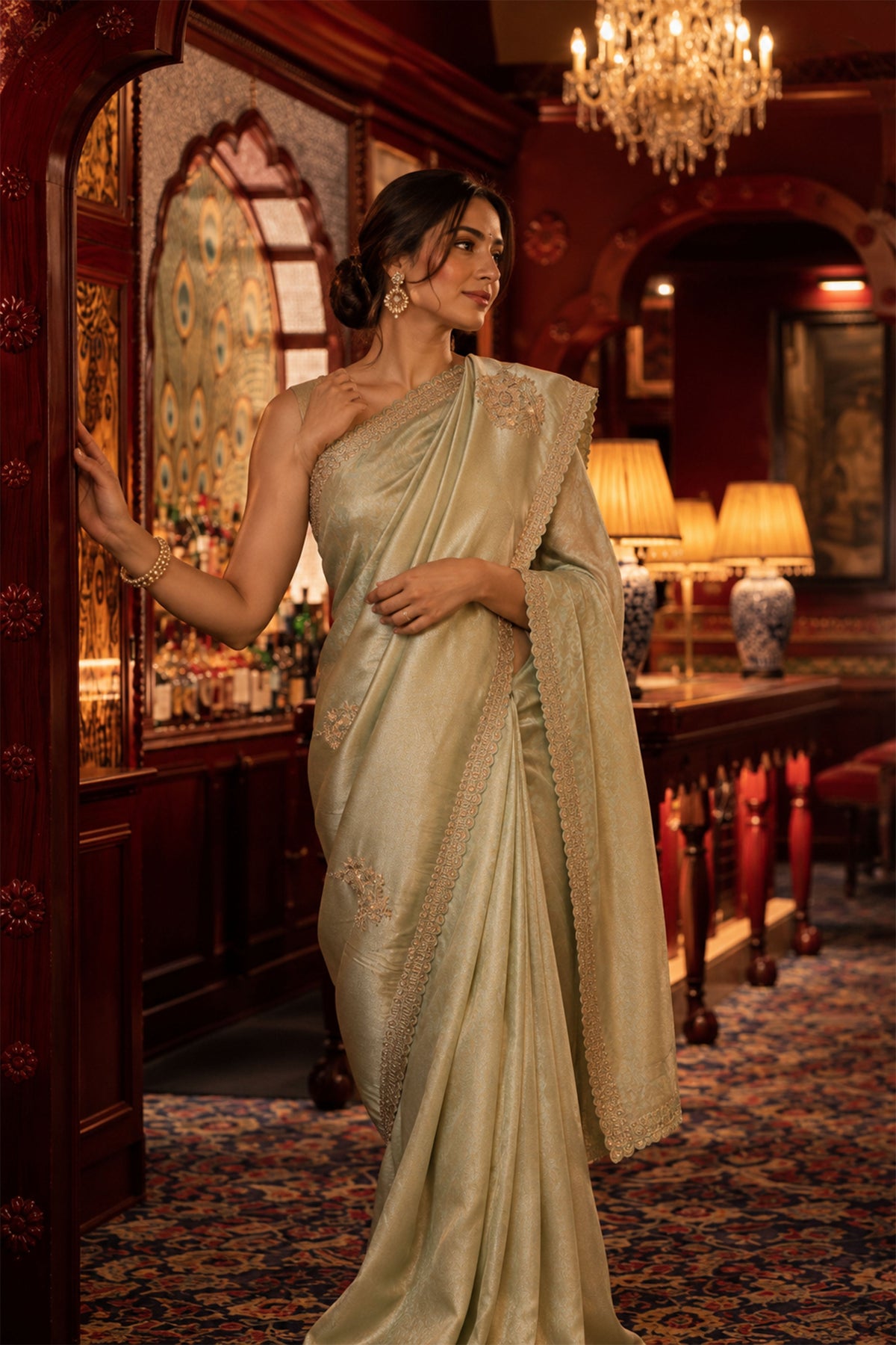 Pistachio Green Scalloped Tissue Brocade Saree