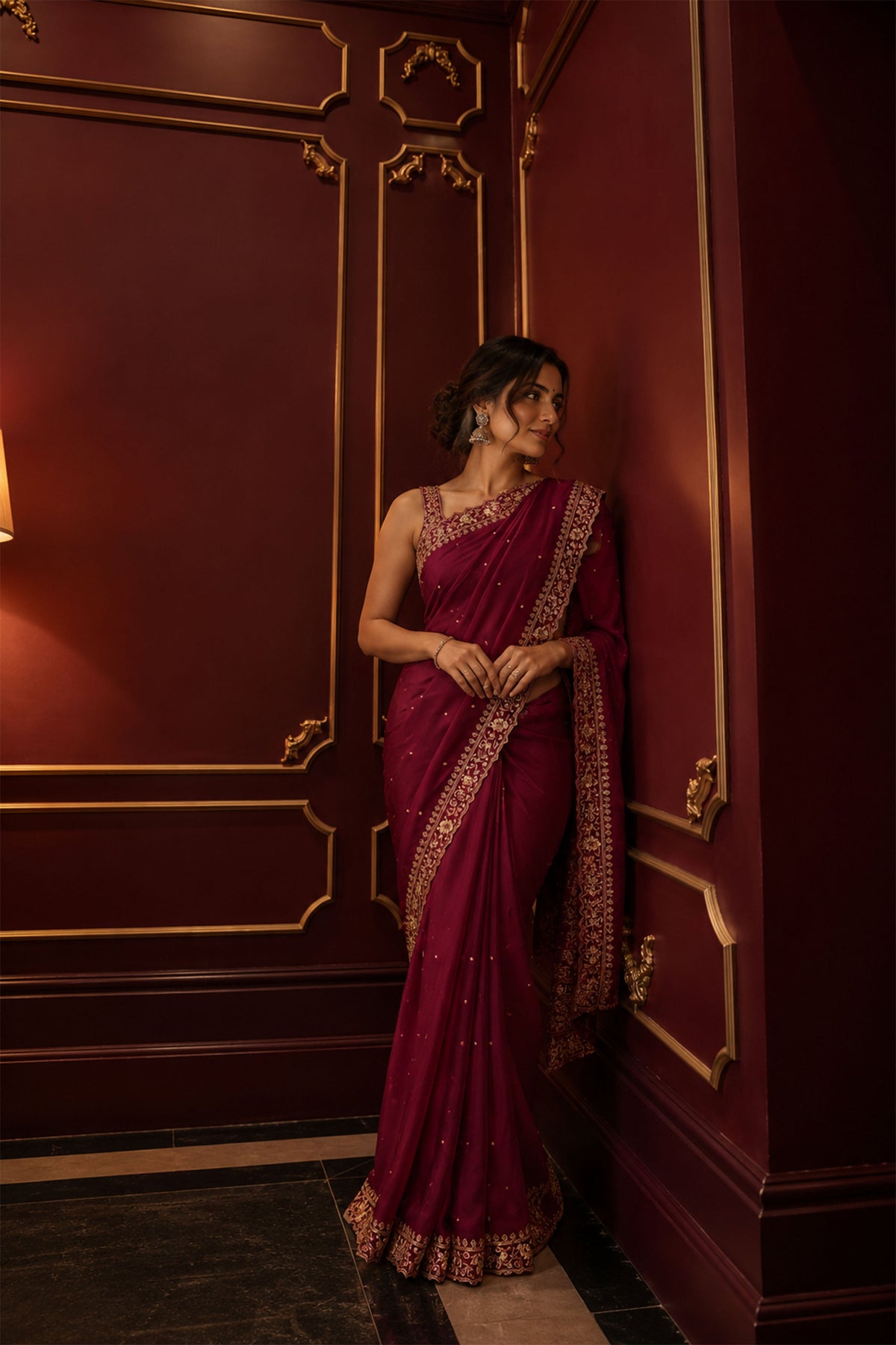 Wine Red Floral Embroidered Crepe Silk Saree
