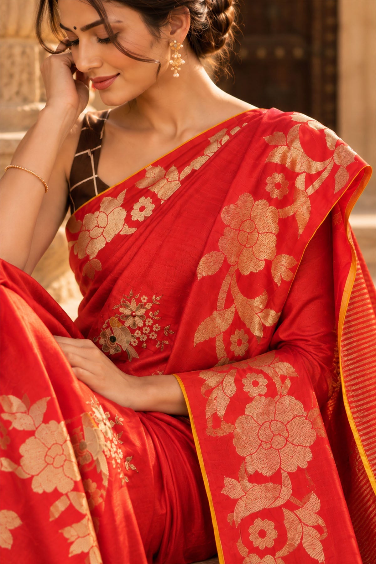 Classic Red Embroidered Tussar Crepe Silk Saree