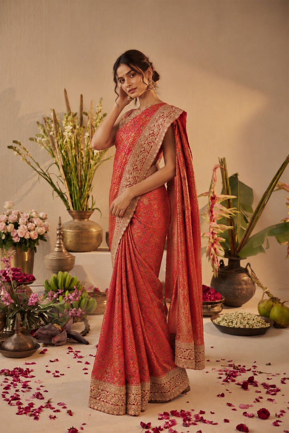 Crimson Red Embroidered Brocade Silk Saree