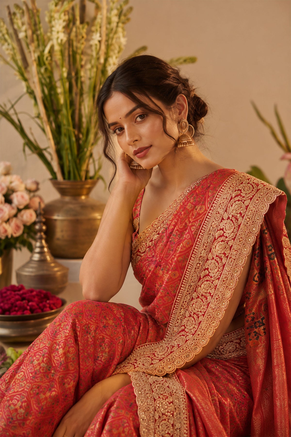 Crimson Red Embroidered Brocade Silk Saree