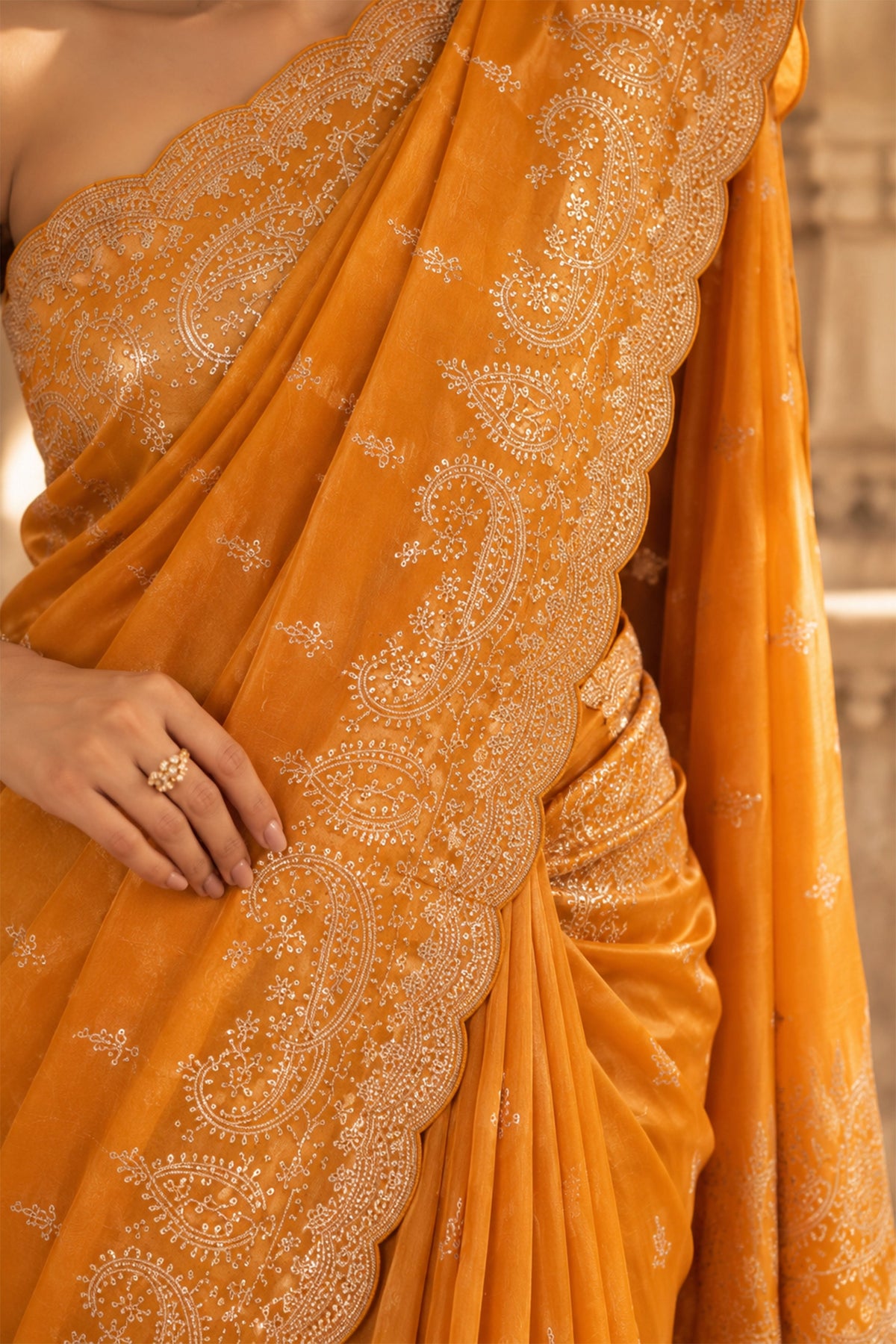 Golden Yellow Embroidered Tissue Silk Saree