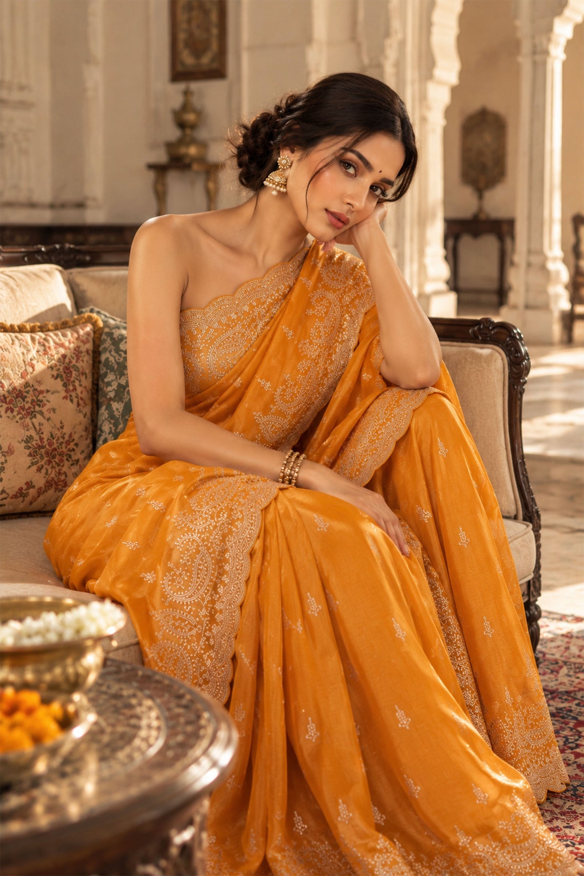 Golden Yellow Embroidered Tissue Silk Saree