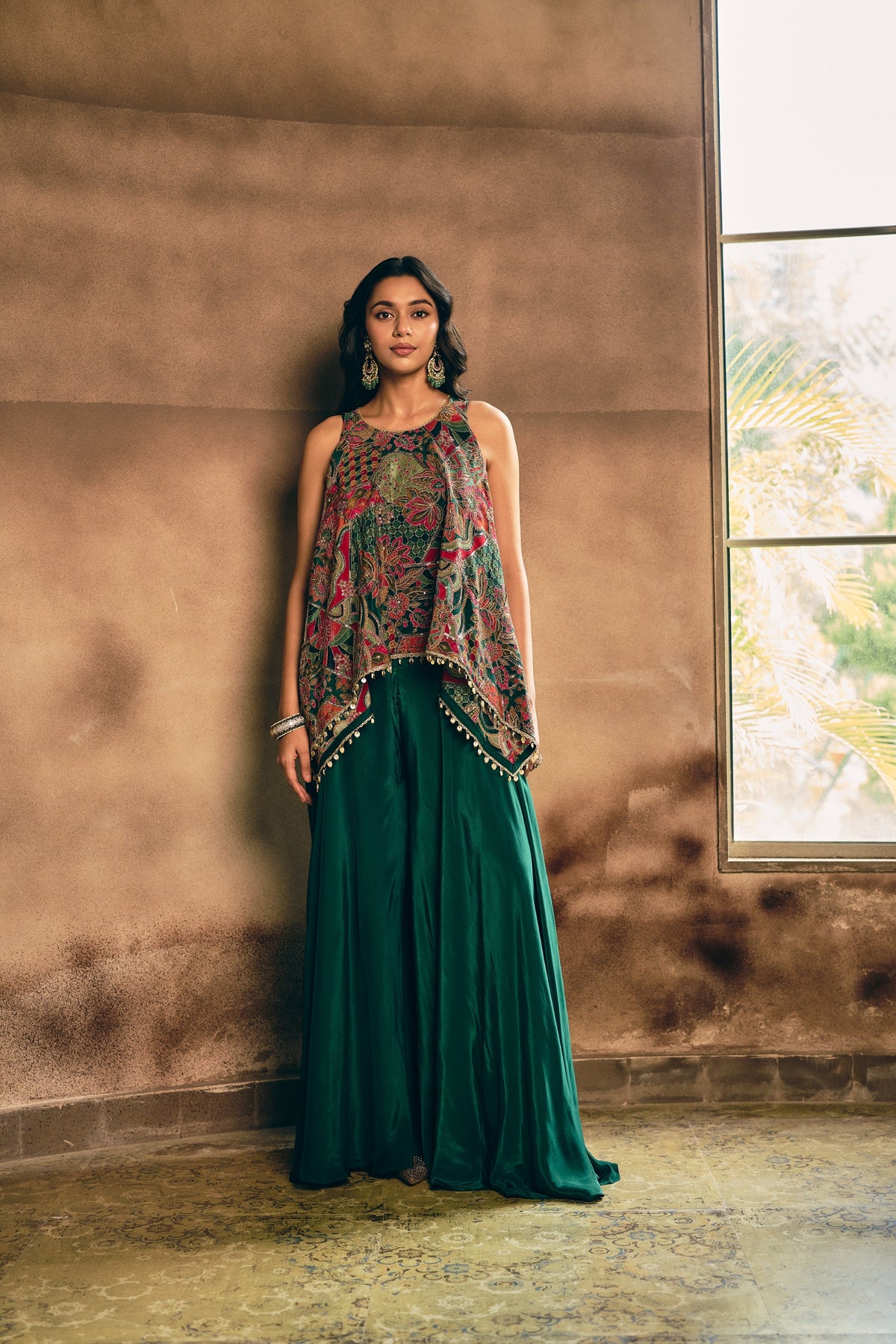 Bottle Green Embellished Crepe Silk Palazzo Set