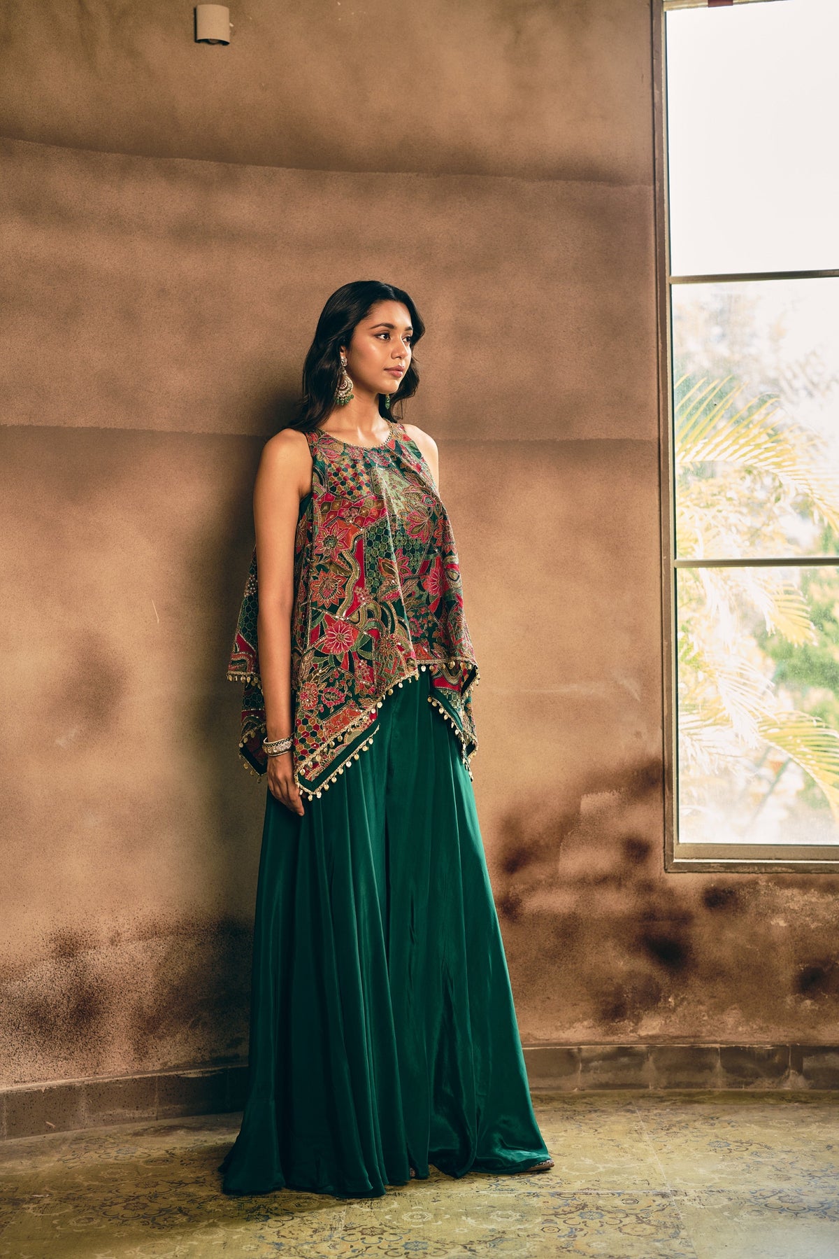 Bottle Green Embellished Crepe Silk Palazzo Set