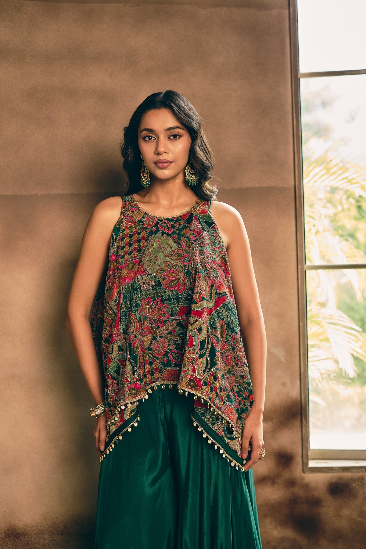 Bottle Green Embellished Crepe Silk Palazzo Set