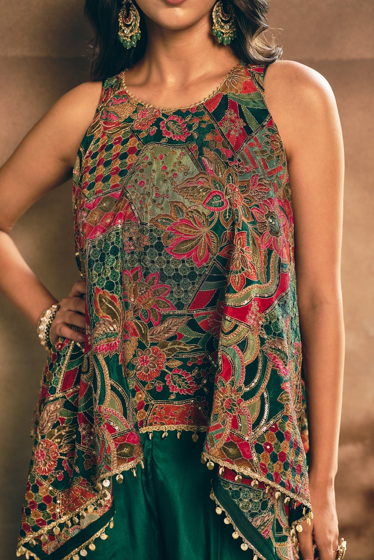 Bottle Green Embellished Crepe Silk Palazzo Set