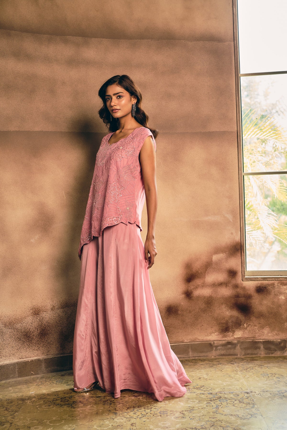 Dusty Pink Embroidered Organza Silk Co-Ord Set
