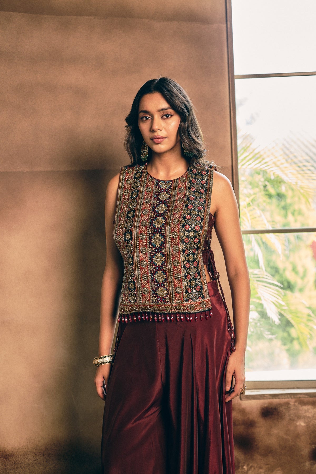 Deep Maroon Embellished Crepe Silk Palazzo Set
