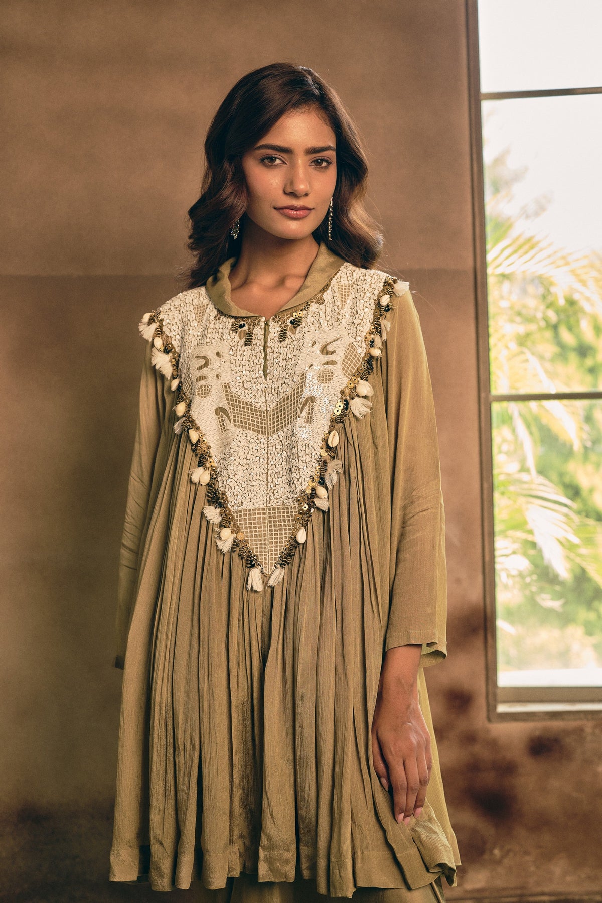 Earthy Olive Green Embellished Georgette Silk Skirt Set