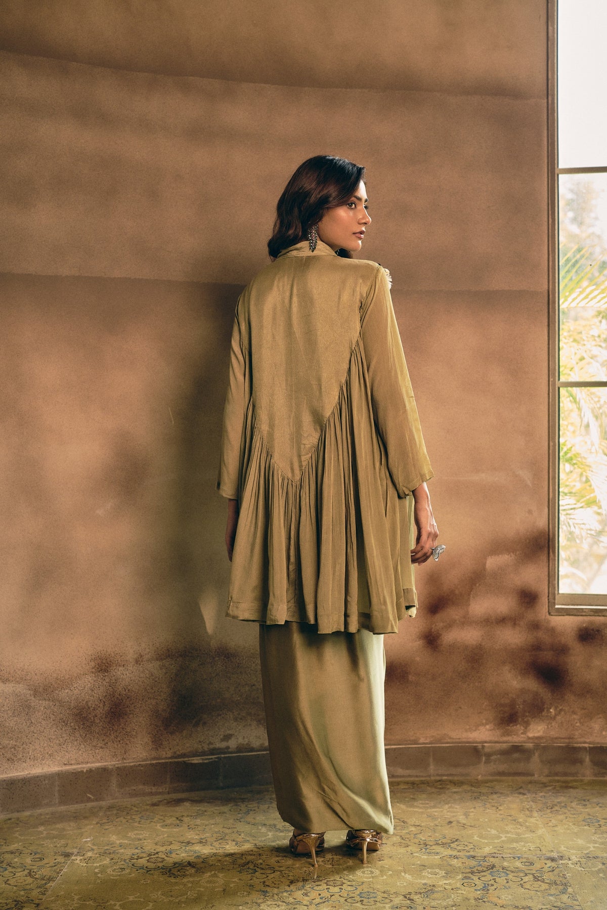 Earthy Olive Green Embellished Georgette Silk Skirt Set