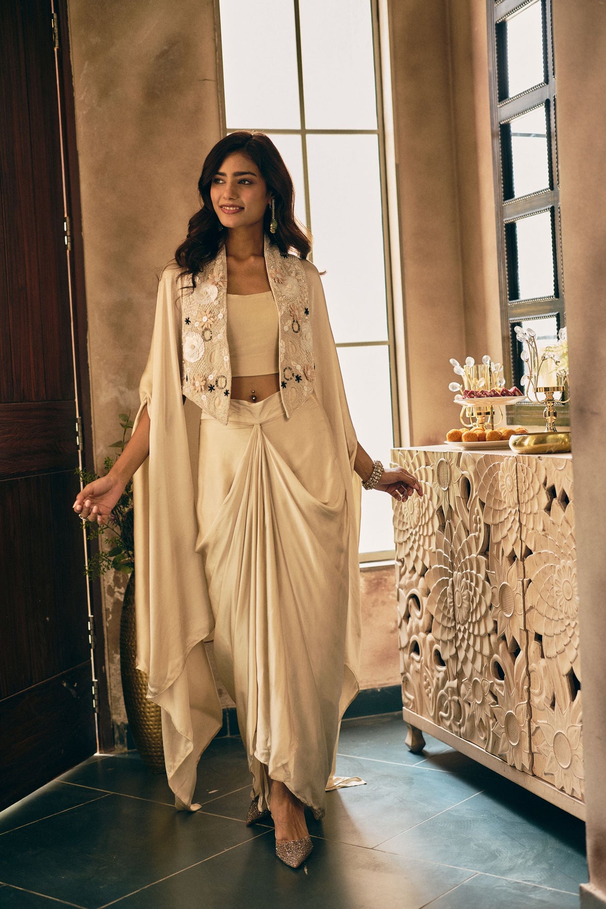 Sand Beige Embellished Satin Silk Skirt Set