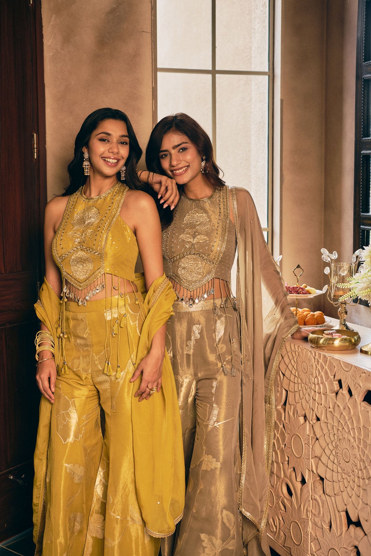 Beige Taupe Embellished Shimmer Silk Palazzo Set