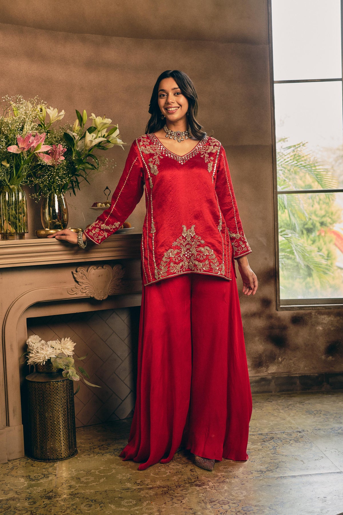 Royal Red Embellished Premium Silk Palazzo Set