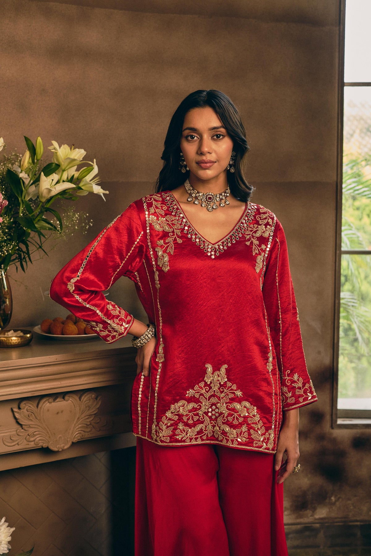 Royal Red Embellished Premium Silk Palazzo Set
