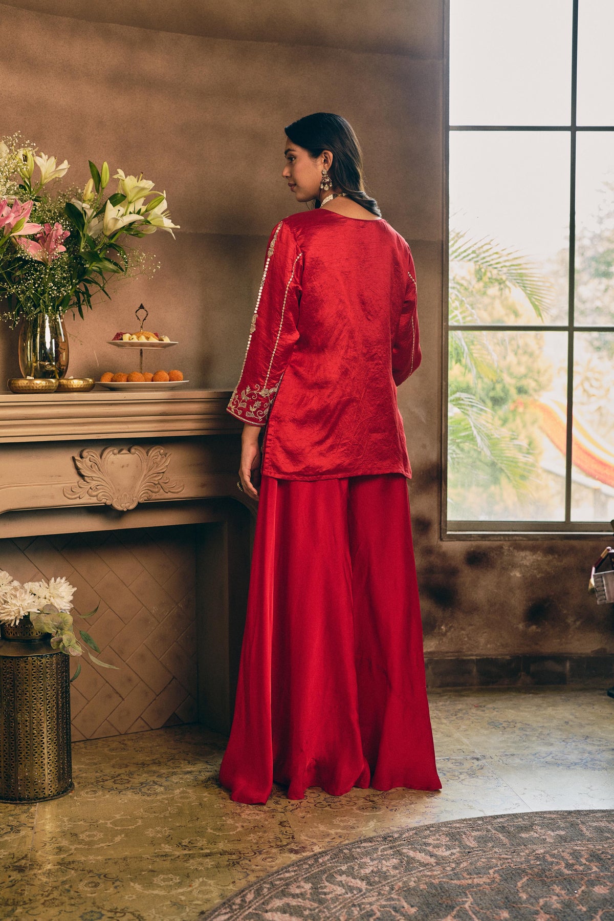 Royal Red Embellished Premium Silk Palazzo Set