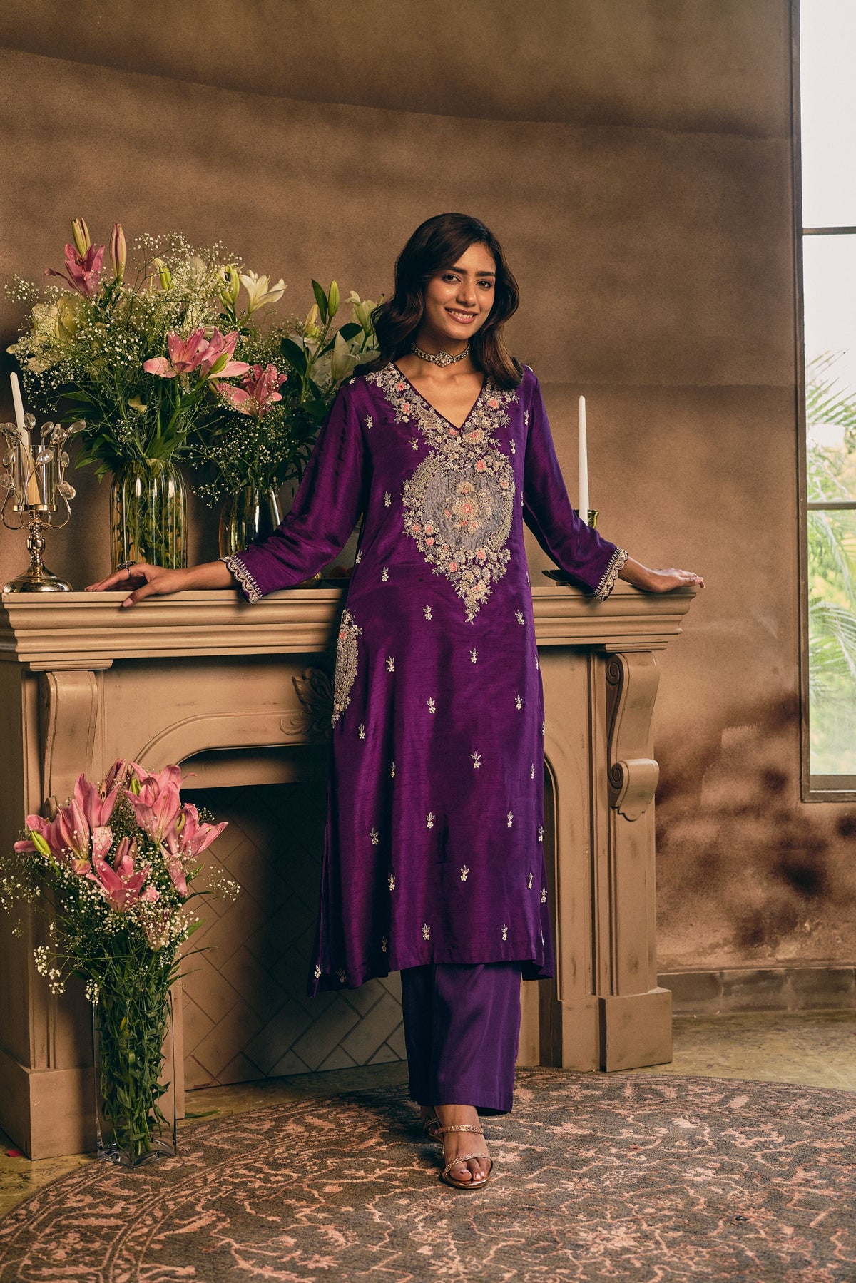 Grape Royale Embellished Raw Silk Pant Set