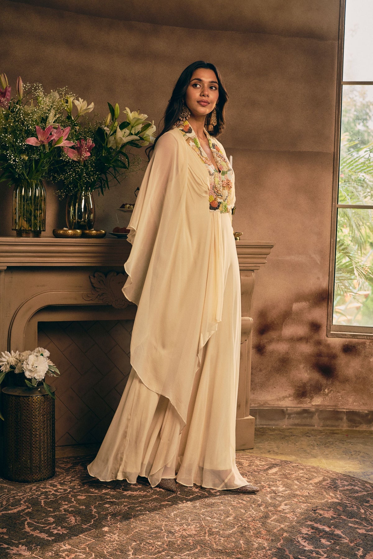 Off-Cream Embellished Georgette Silk Gown