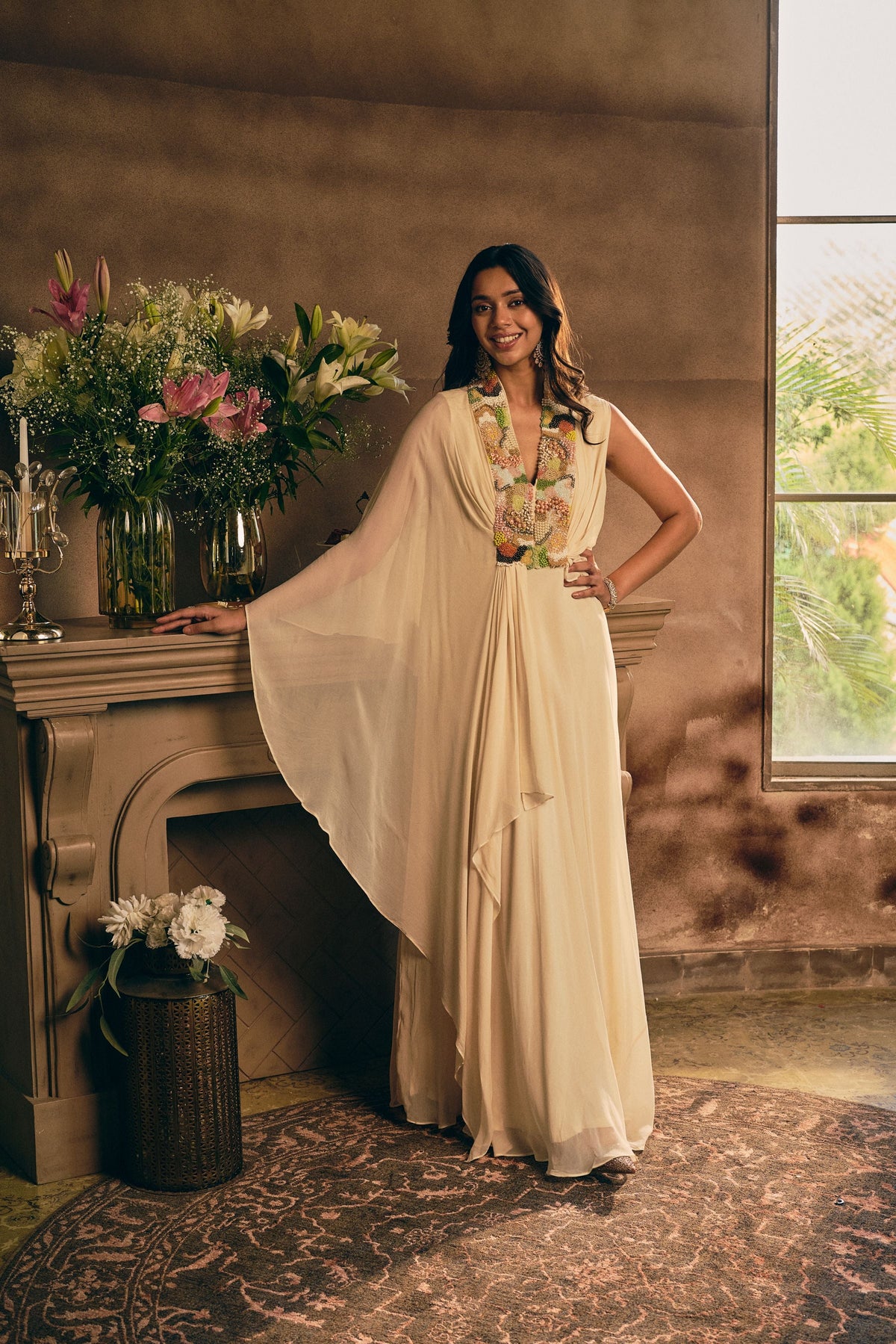 Off-Cream Embellished Georgette Silk Gown