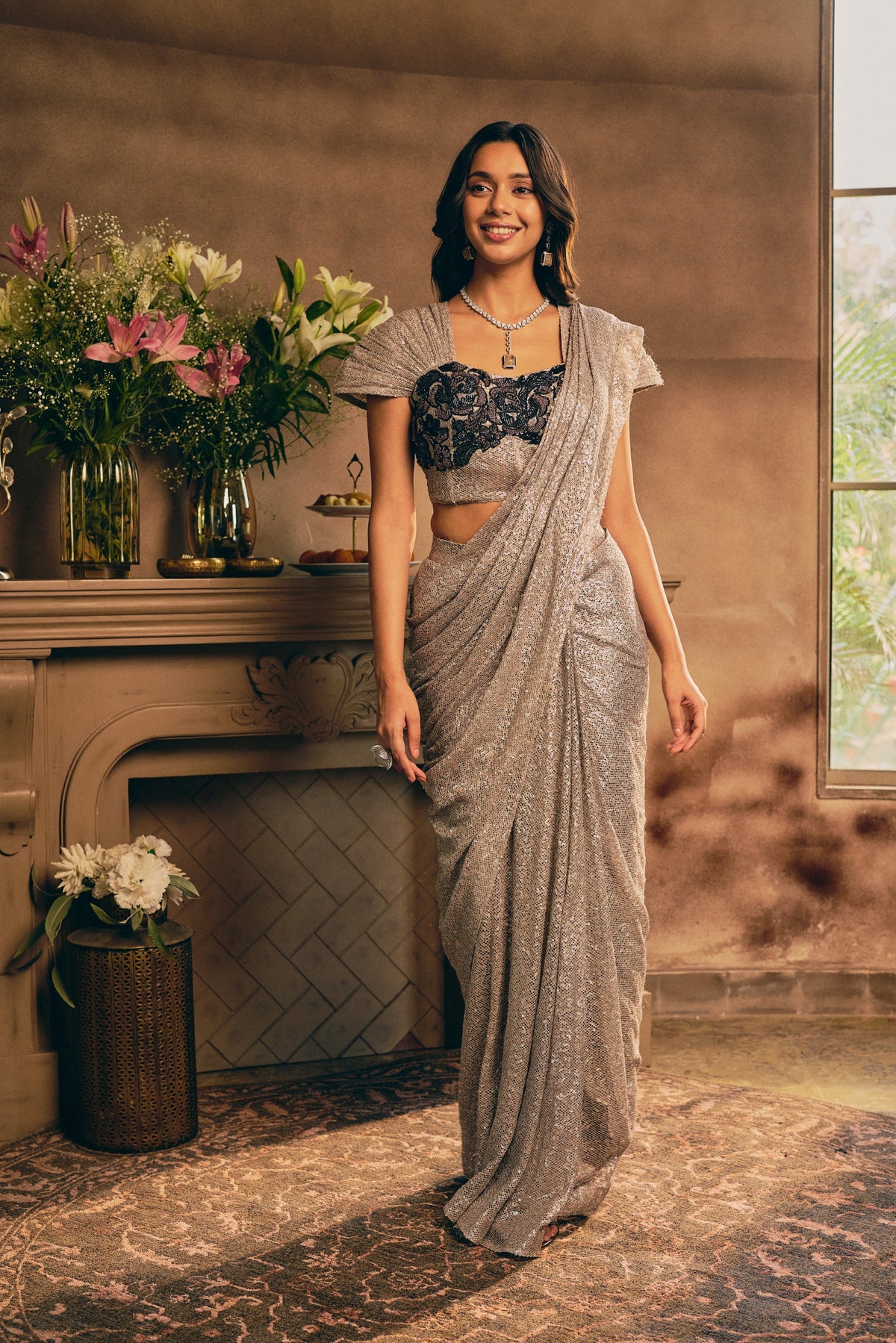 Silver Sequin Premium Net Pre-Draped Saree