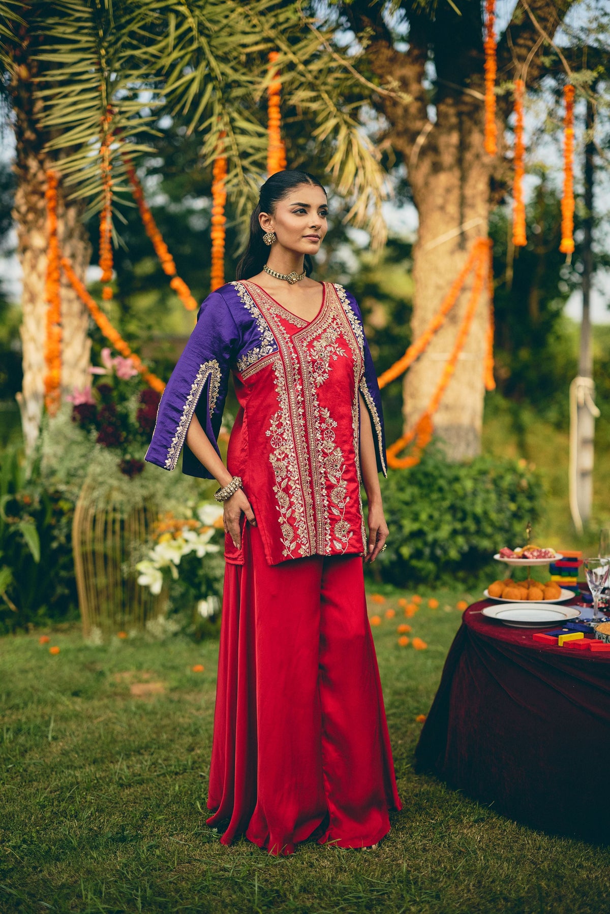 Crimson Purple Embellished Premium Silk Palazzo Set