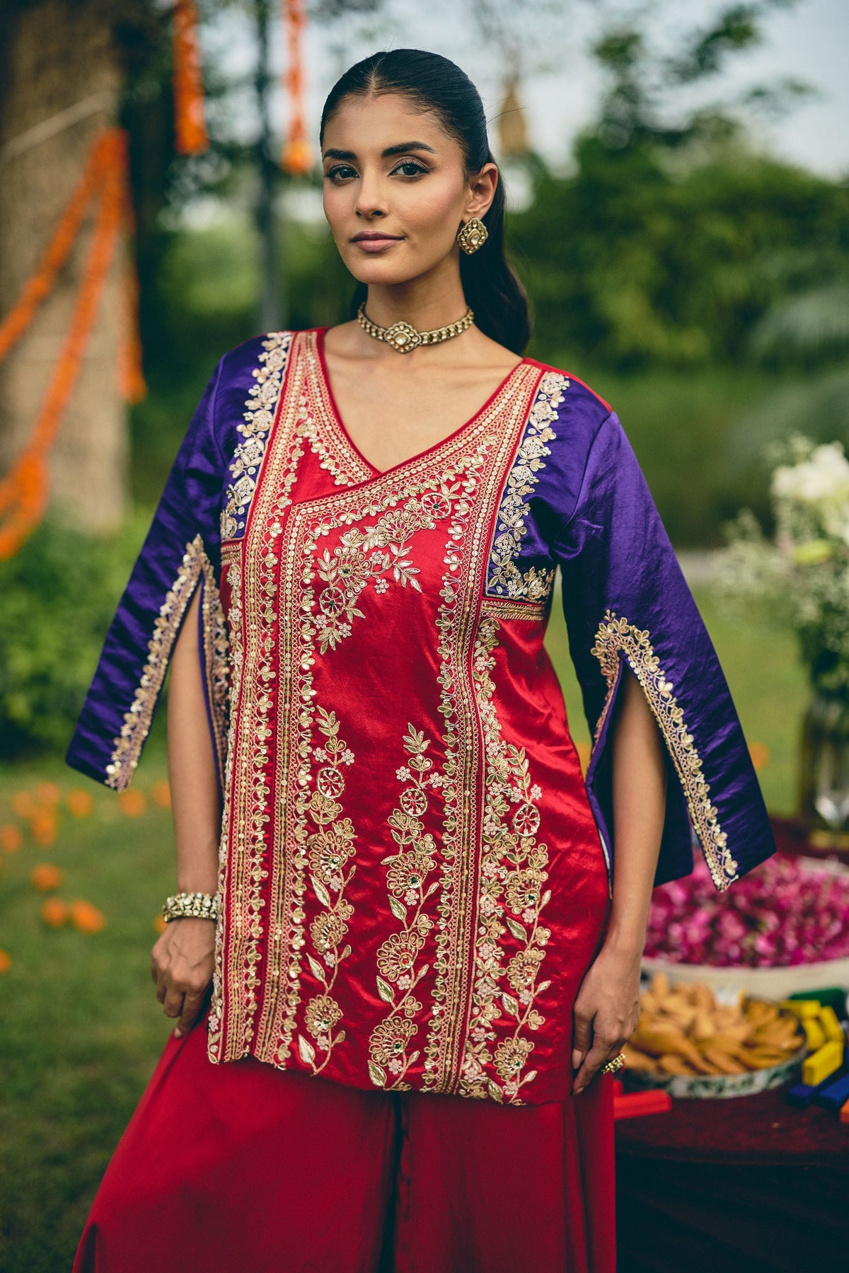 Crimson Purple Embellished Premium Silk Palazzo Set
