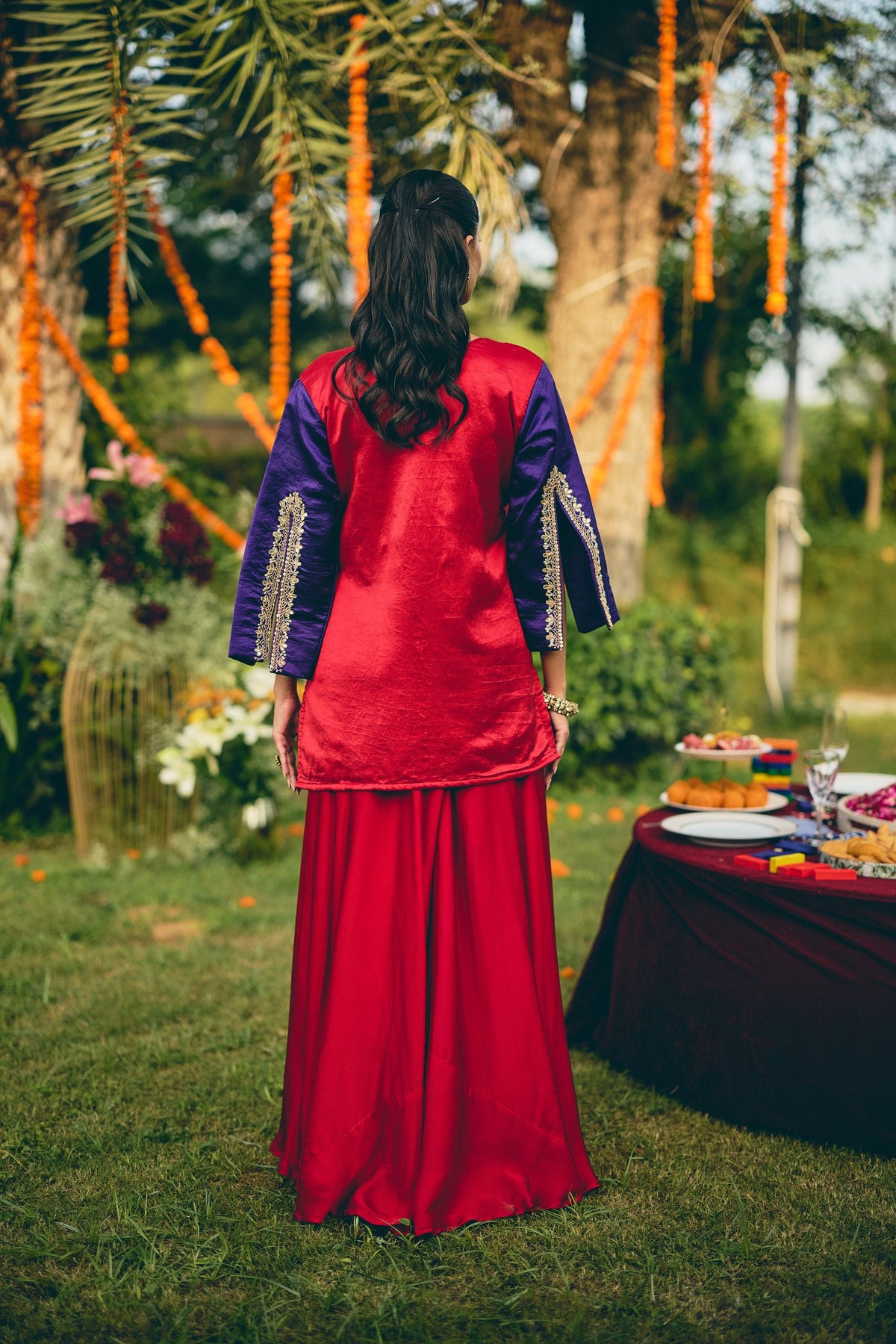 Crimson Purple Embellished Premium Silk Palazzo Set