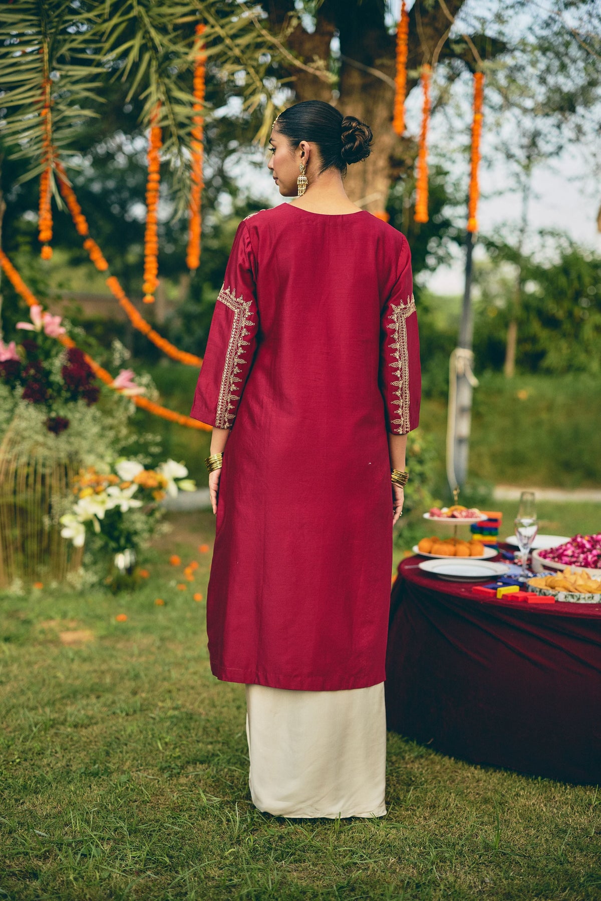 Burgundy Embellished Raw Silk Skirt Set