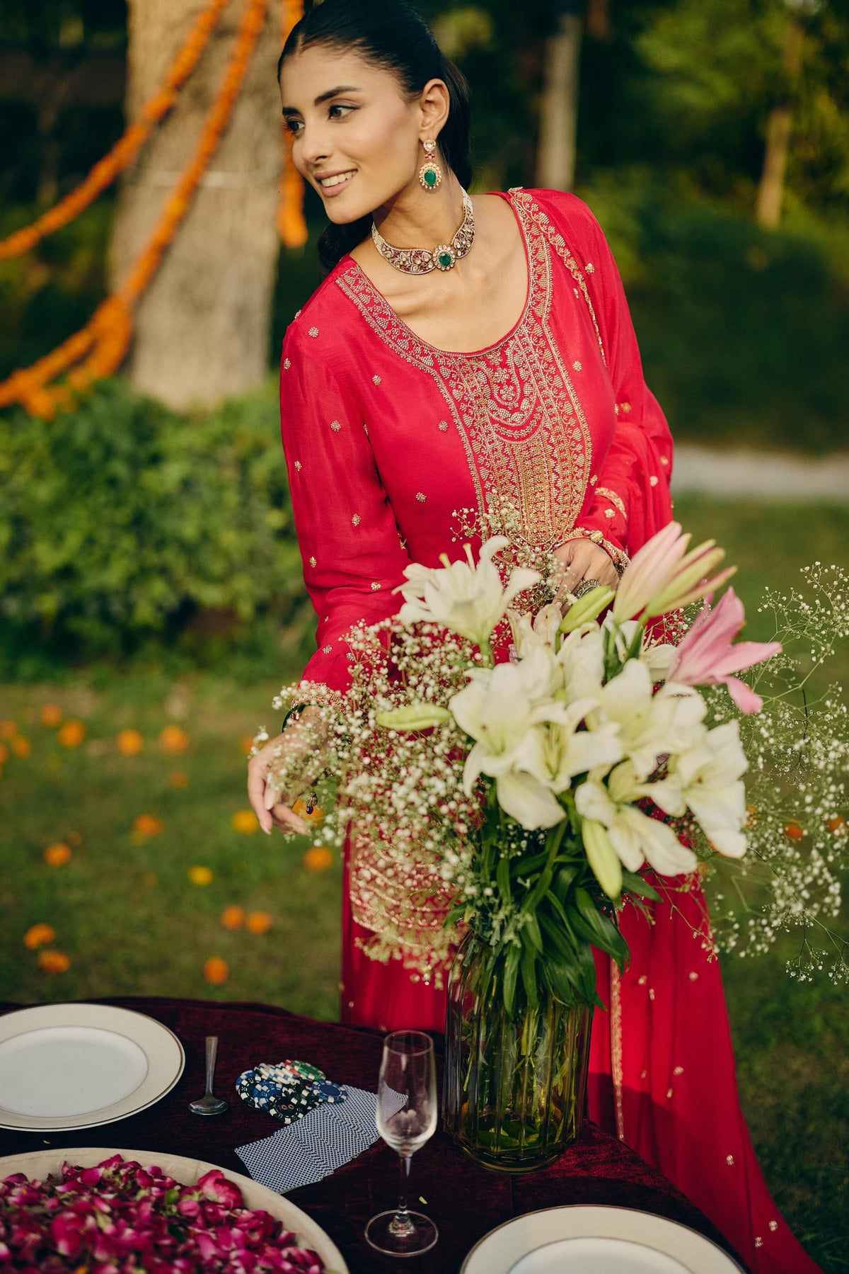 Hot Pink Embellished Chinon Silk Palazzo Set