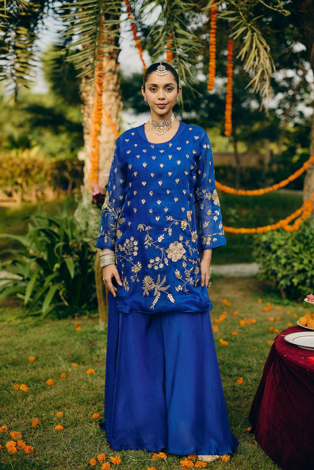 Cobalt Blue Embellished Organza Silk Palazzo Set