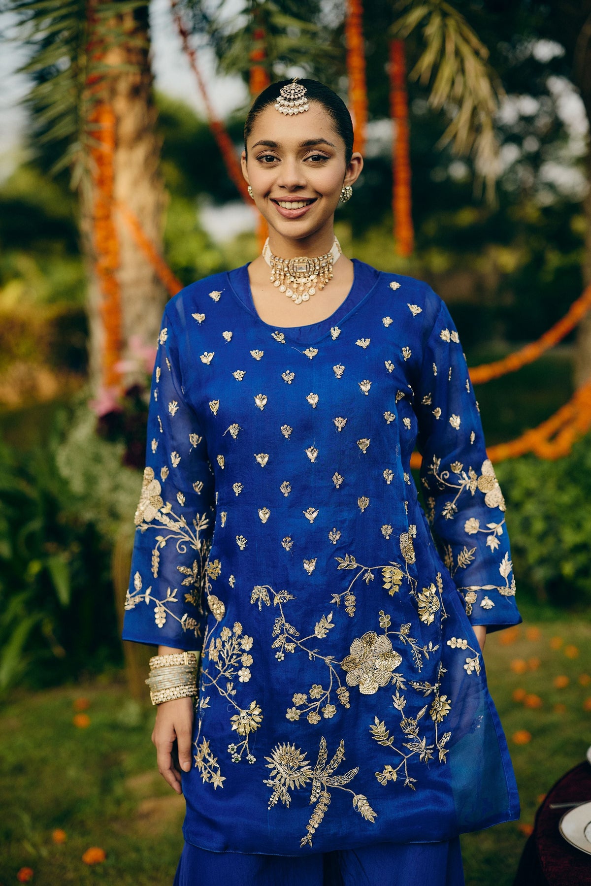 Cobalt Blue Embellished Organza Silk Palazzo Set