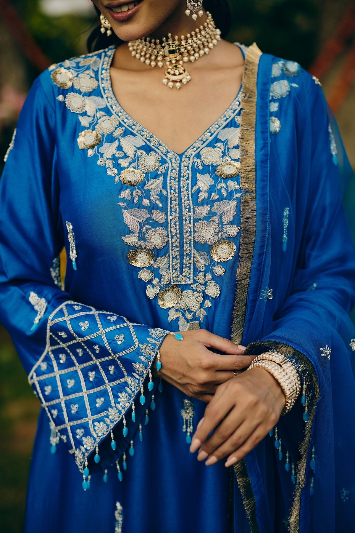 Azure Blue Embellished Premium Silk Palazzo Set